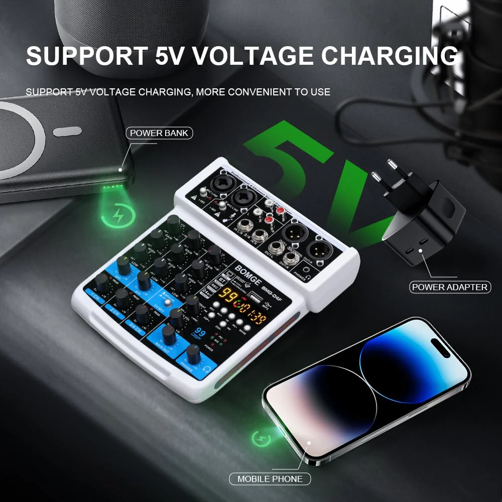 BOMGE 4 Channel mini DJ Audio Sound Mixer Interface with MP3、 USB, Bluetooth, Stereo Recording, 48V Phantom Power, 99 DSP for karaoke, performance, church singing 、 podcas streaming- white WHITE-04F - Image 5