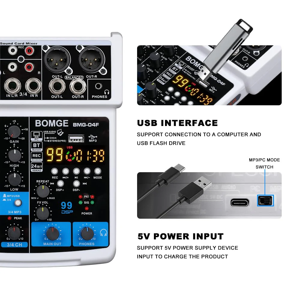 BOMGE 4 Channel mini DJ Audio Sound Mixer Interface with MP3、 USB, Bluetooth, Stereo Recording, 48V Phantom Power, 99 DSP for karaoke, performance, church singing 、 podcas streaming- white WHITE-04F - Image 6