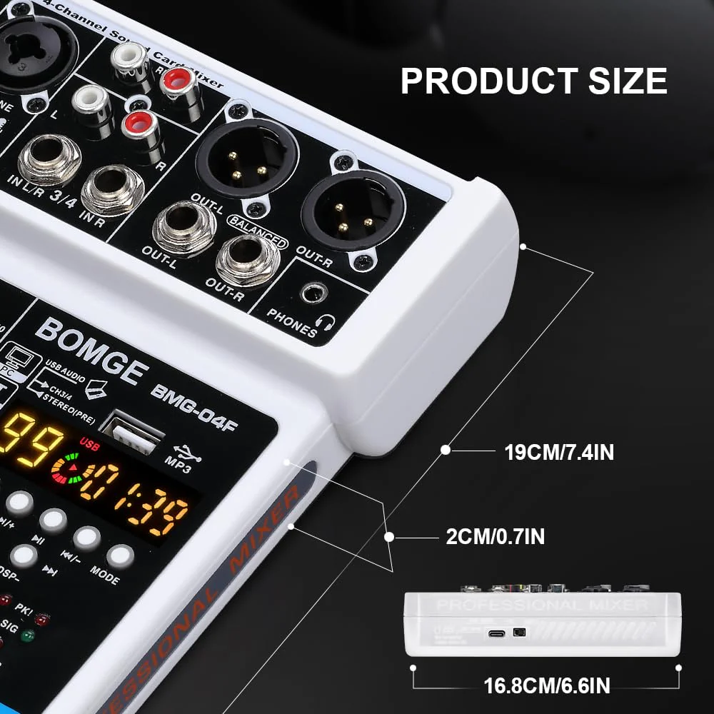 BOMGE 4 Channel mini DJ Audio Sound Mixer Interface with MP3、 USB, Bluetooth, Stereo Recording, 48V Phantom Power, 99 DSP for karaoke, performance, church singing 、 podcas streaming- white WHITE-04F - Image 7