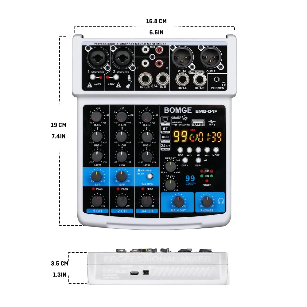 BOMGE 4 Channel mini DJ Audio Sound Mixer Interface with MP3、 USB, Bluetooth, Stereo Recording, 48V Phantom Power, 99 DSP for karaoke, performance, church singing 、 podcas streaming- white WHITE-04F - Image 9