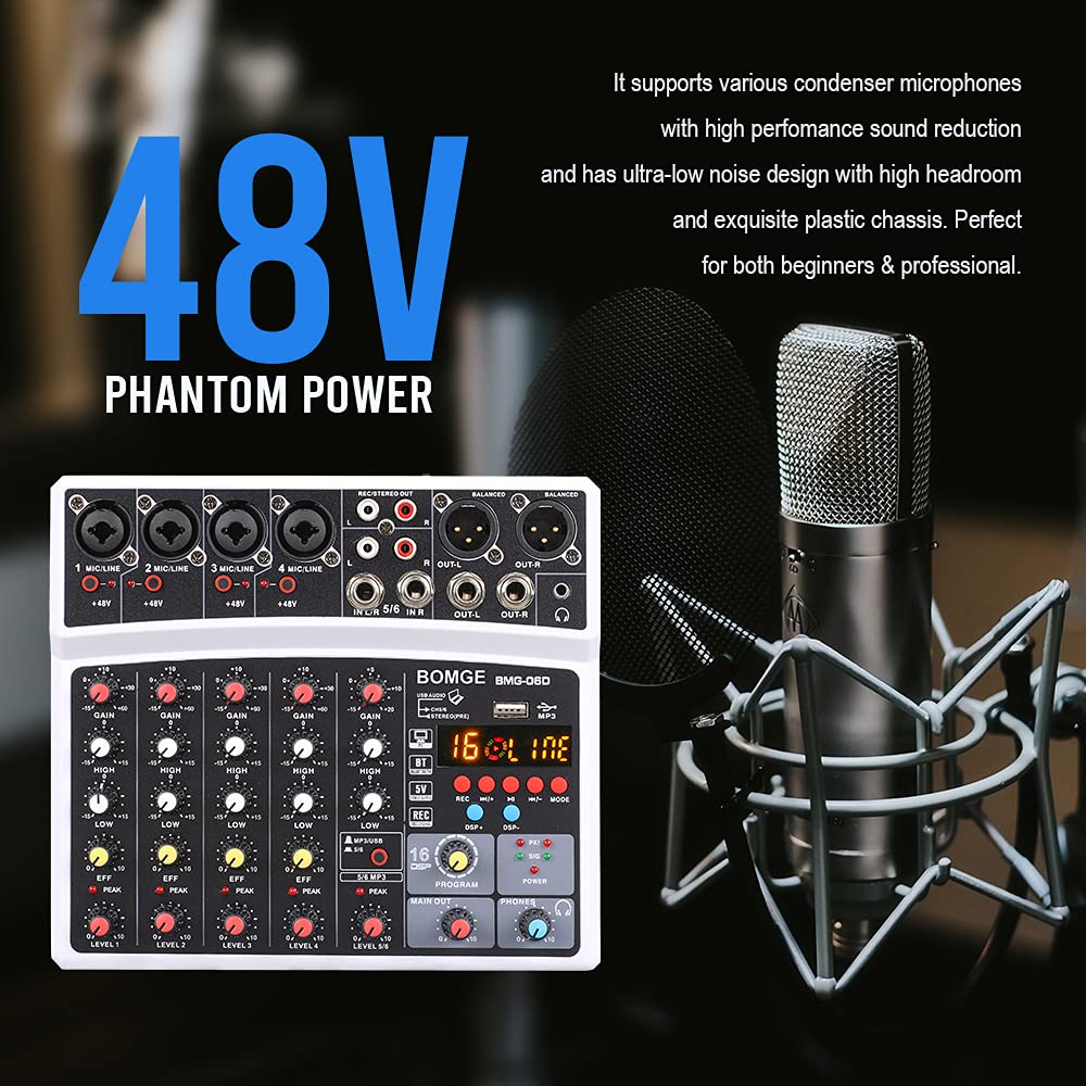 BOMGE 6 Channel Audio Sound Mixer - Professional Digital DJ Mixing Console for Live Streaming, Karaoke and Stereo Recording - With PC Computer Record Playback/Bluetooth/MP3/USB/48V /16 DSP Echo Black - Image 2