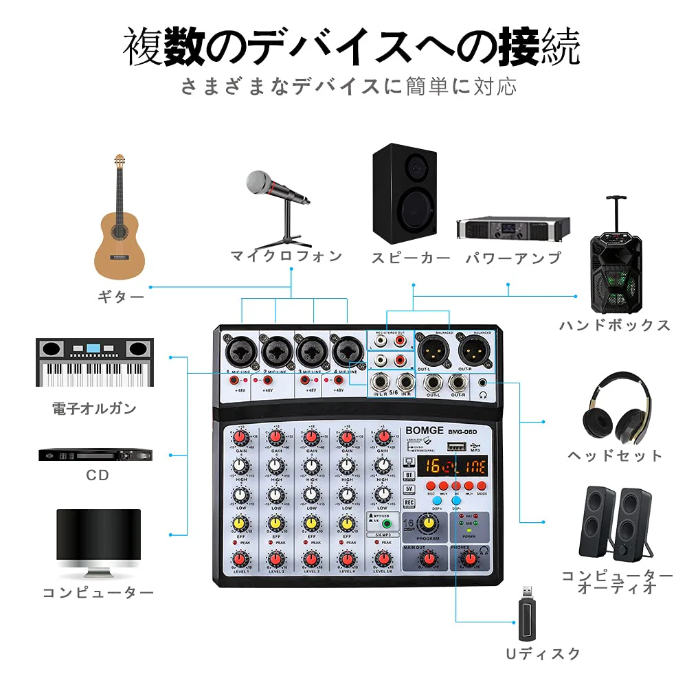 BOMGE 6 Channel Audio Sound Mixer - Professional Digital DJ Mixing Console for Live Streaming, Karaoke and Stereo Recording - With PC Computer Record Playback/Bluetooth/MP3/USB/48V /16 DSP Echo Black - Image 6