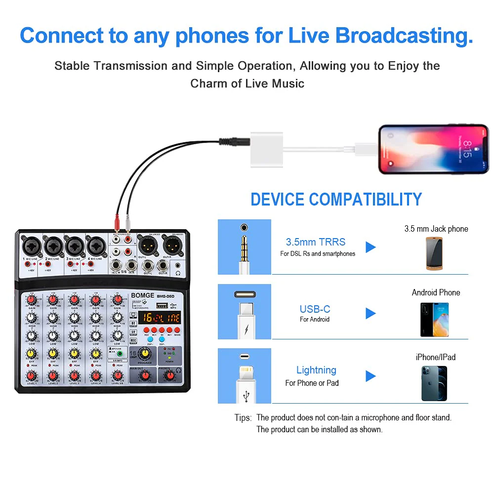 BOMGE 6 Channel Audio Sound Mixer - Professional Digital DJ Mixing Console for Live Streaming, Karaoke and Stereo Recording - With PC Computer Record Playback/Bluetooth/MP3/USB/48V /16 DSP Echo Black - Image 7