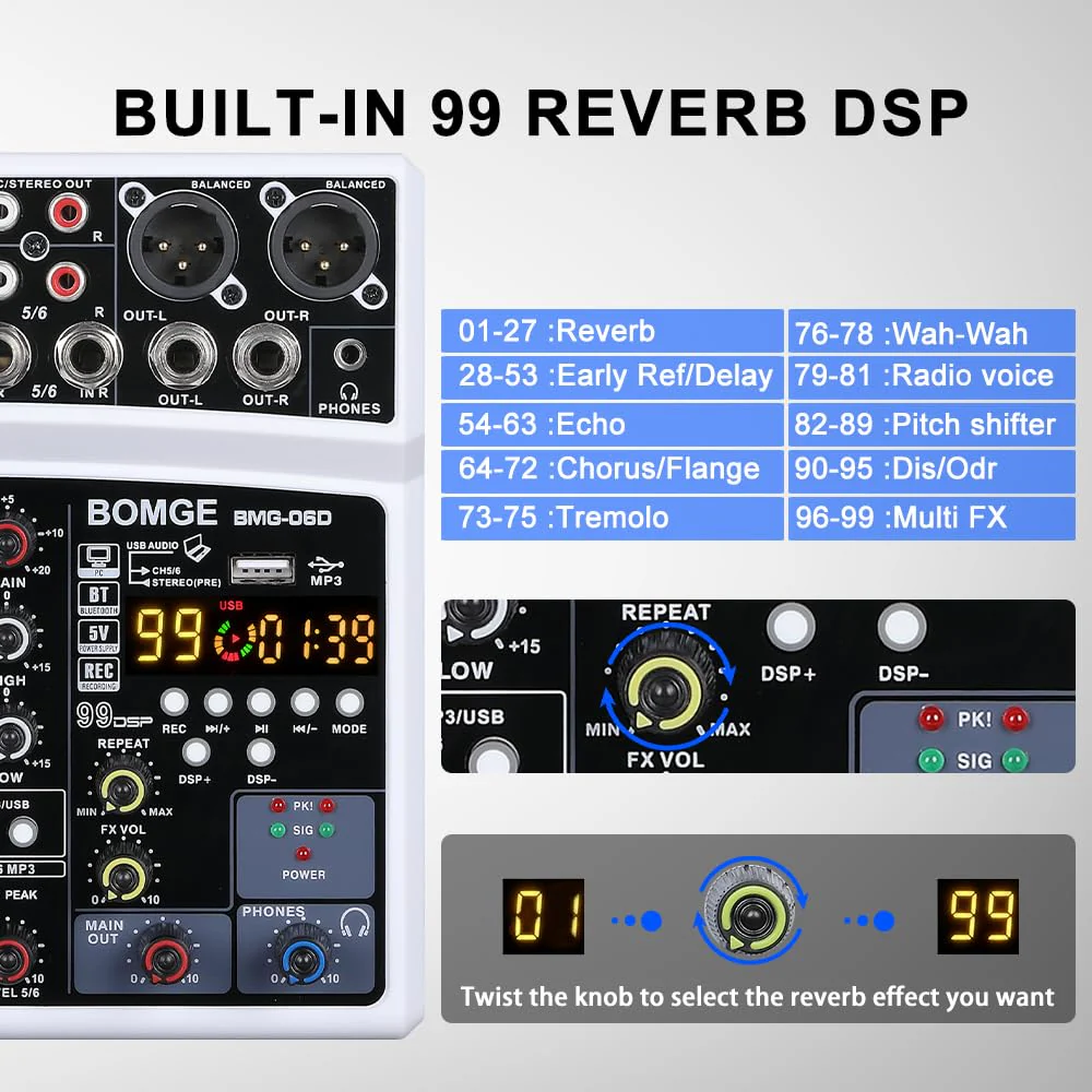 BOMGE 6 Channel Audio Sound Mixer - Professional Digital DJ Mixing Console for Live Streaming, Karaoke and Stereo Recording - With PC Computer Record Playback/Bluetooth/MP3/USB/48V /99 DSP White - Image 2