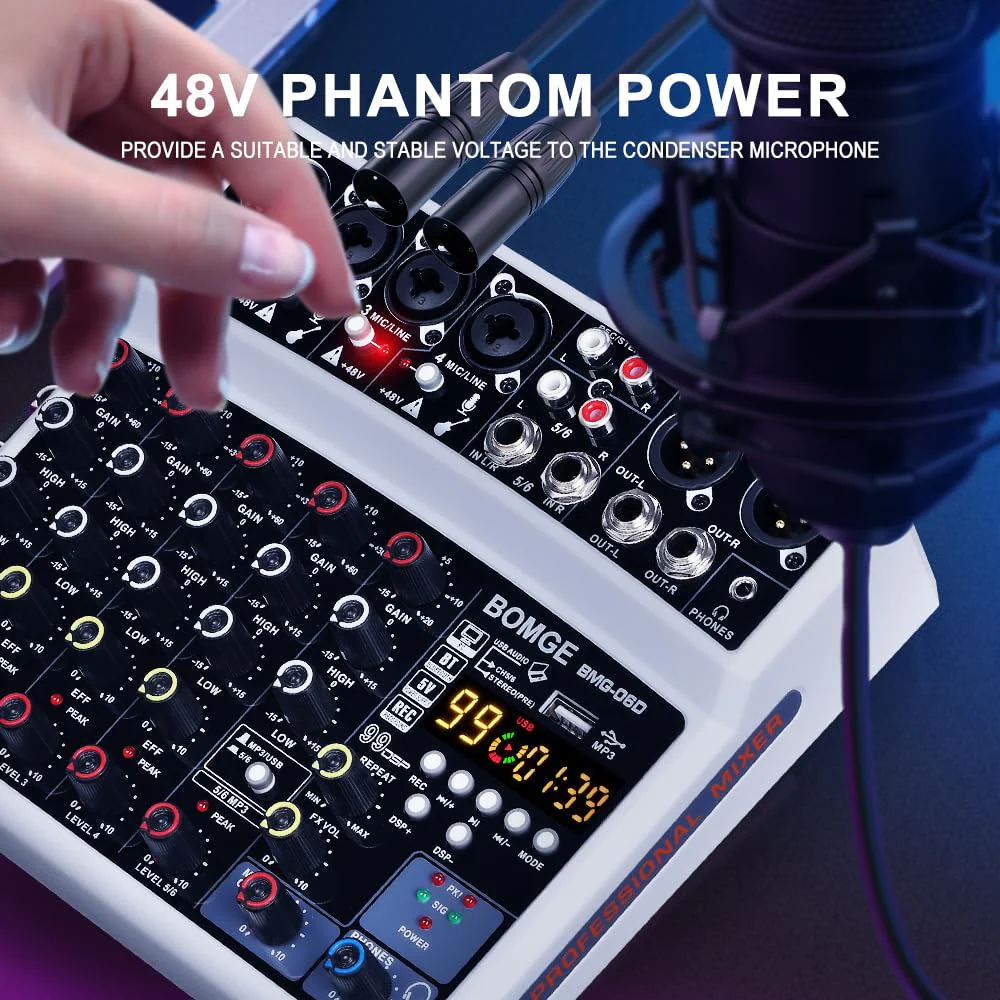 BOMGE 6 Channel Audio Sound Mixer - Professional Digital DJ Mixing Console for Live Streaming, Karaoke and Stereo Recording - With PC Computer Record Playback/Bluetooth/MP3/USB/48V /99 DSP White - Image 4