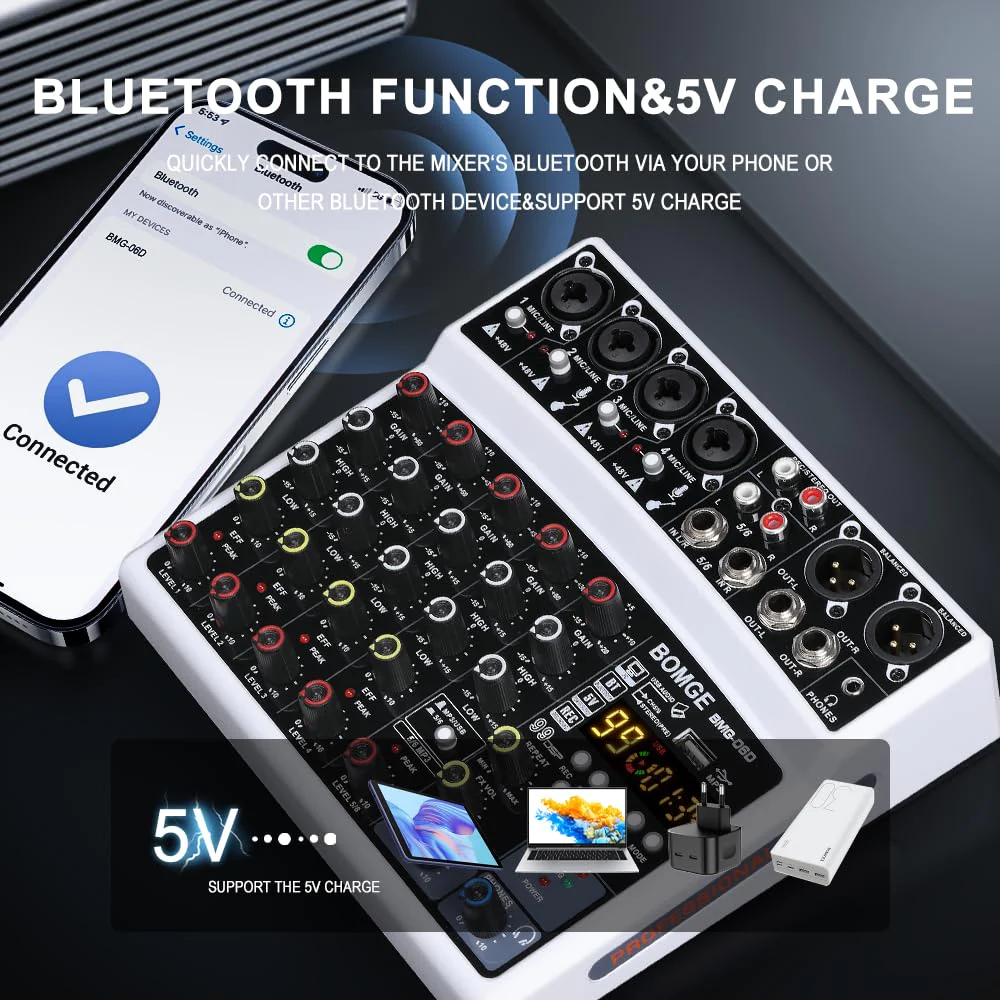 BOMGE 6 Channel Audio Sound Mixer - Professional Digital DJ Mixing Console for Live Streaming, Karaoke and Stereo Recording - With PC Computer Record Playback/Bluetooth/MP3/USB/48V /99 DSP White - Image 5