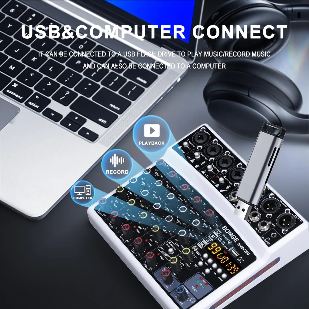 BOMGE 6 Channel Audio Sound Mixer - Professional Digital DJ Mixing Console for Live Streaming, Karaoke and Stereo Recording - With PC Computer Record Playback/Bluetooth/MP3/USB/48V /99 DSP White - Image 6