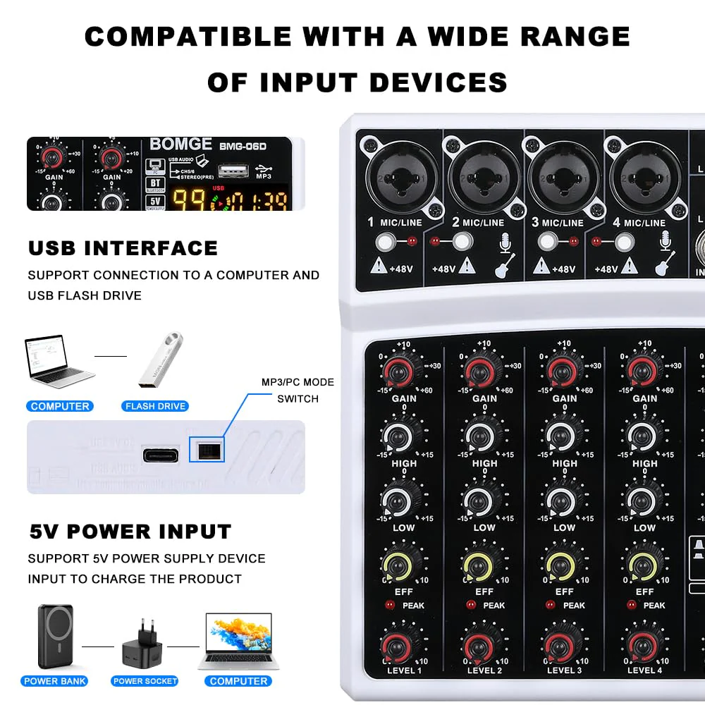 BOMGE 6 Channel Audio Sound Mixer - Professional Digital DJ Mixing Console for Live Streaming, Karaoke and Stereo Recording - With PC Computer Record Playback/Bluetooth/MP3/USB/48V /99 DSP White - Image 7