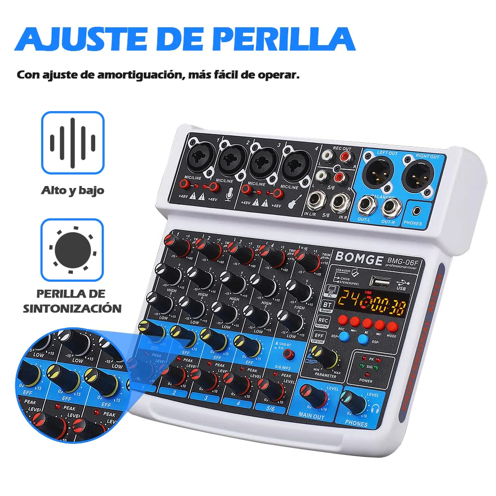 BOMGE 6 Channel mini DJ Audio sound mixer console with USB interface, Bluetooth, Stereo Recording, 48V Phantom Power, 24 DSP effects for karaoke, singing, live，streaming，pc recroding. (white) white - Image 4