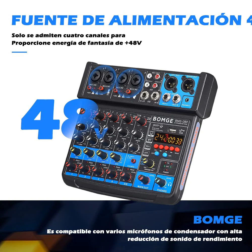 BOMGE 6 Channel mini DJ Audio sound mixer console with USB interface, Bluetooth, Stereo Recording, 48V Phantom Power, 24 DSP effects for karaoke, singing, live，streaming，pc recroding. (white) white - Image 5