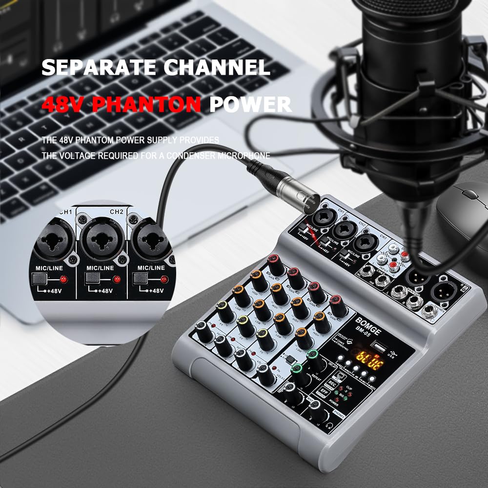 BOMGE Audio Mixer, Sound Board Mixing Console with 5 Channel Digital USB Bluetooth Echo Delay Effect, 48V Phantom Power Stereo DJ Mixers for Recording, Live Streaming, Podcasting (BM-05 5 canales) BM-05 5 canales - Image 2