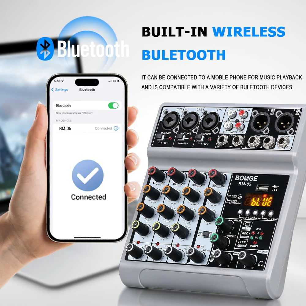 BOMGE Audio Mixer, Sound Board Mixing Console with 5 Channel Digital USB Bluetooth Echo Delay Effect, 48V Phantom Power Stereo DJ Mixers for Recording, Live Streaming, Podcasting (BM-05 5 canales) BM-05 5 canales - Image 3