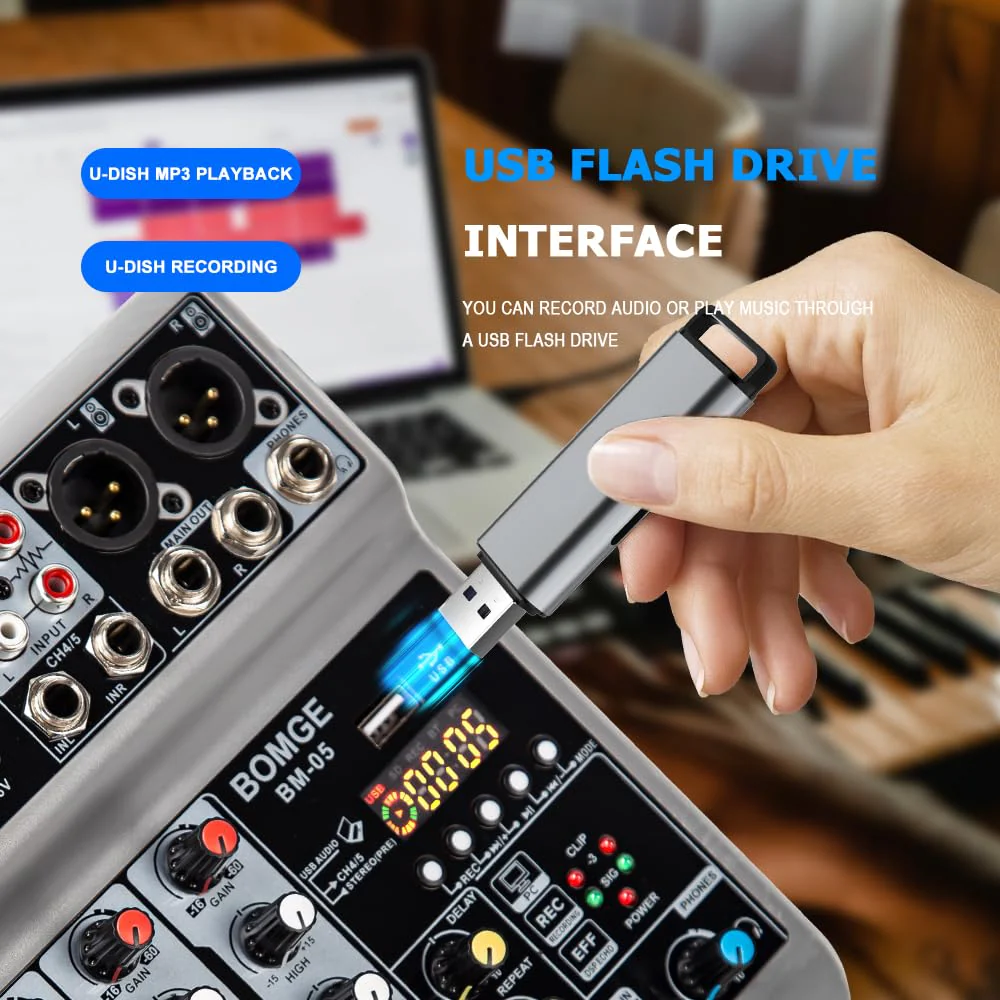 BOMGE Audio Mixer, Sound Board Mixing Console with 5 Channel Digital USB Bluetooth Echo Delay Effect, 48V Phantom Power Stereo DJ Mixers for Recording, Live Streaming, Podcasting (BM-05 5 canales) BM-05 5 canales - Image 5