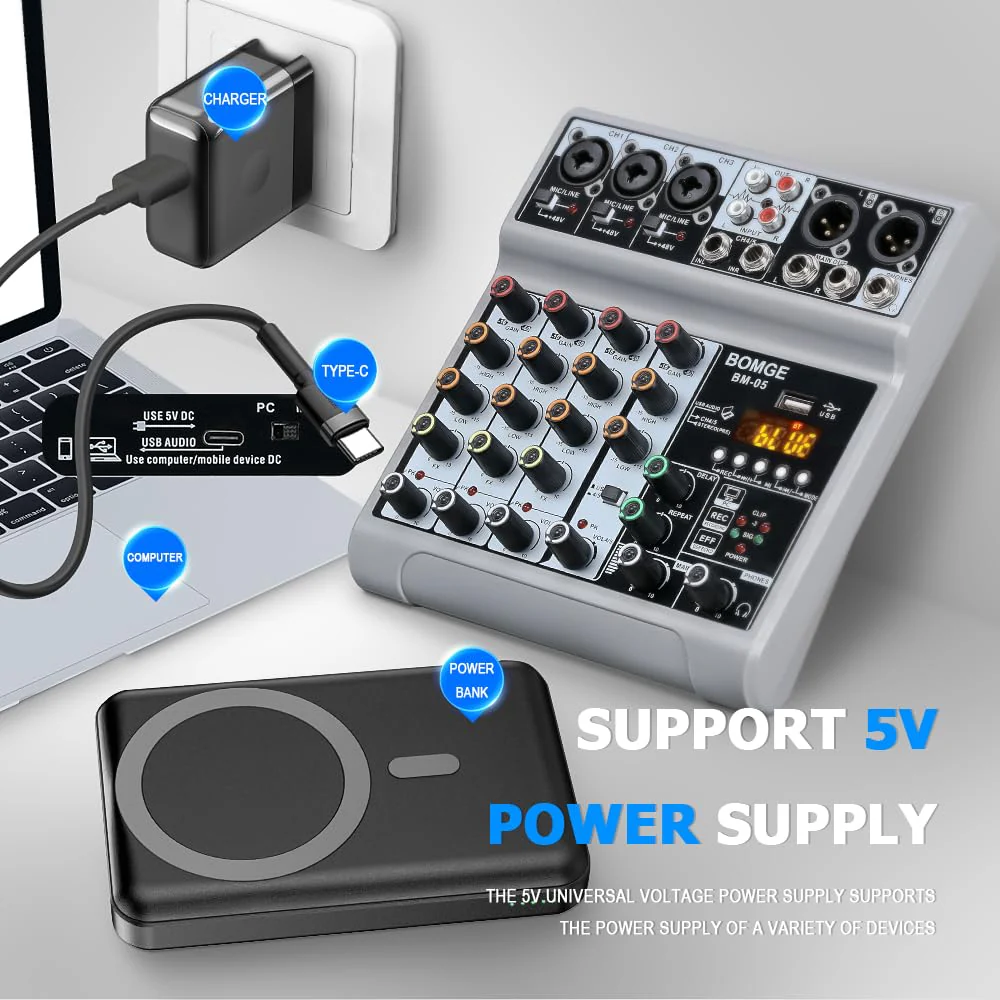 BOMGE Audio Mixer, Sound Board Mixing Console with 5 Channel Digital USB Bluetooth Echo Delay Effect, 48V Phantom Power Stereo DJ Mixers for Recording, Live Streaming, Podcasting (BM-05 5 canales) BM-05 5 canales - Image 7
