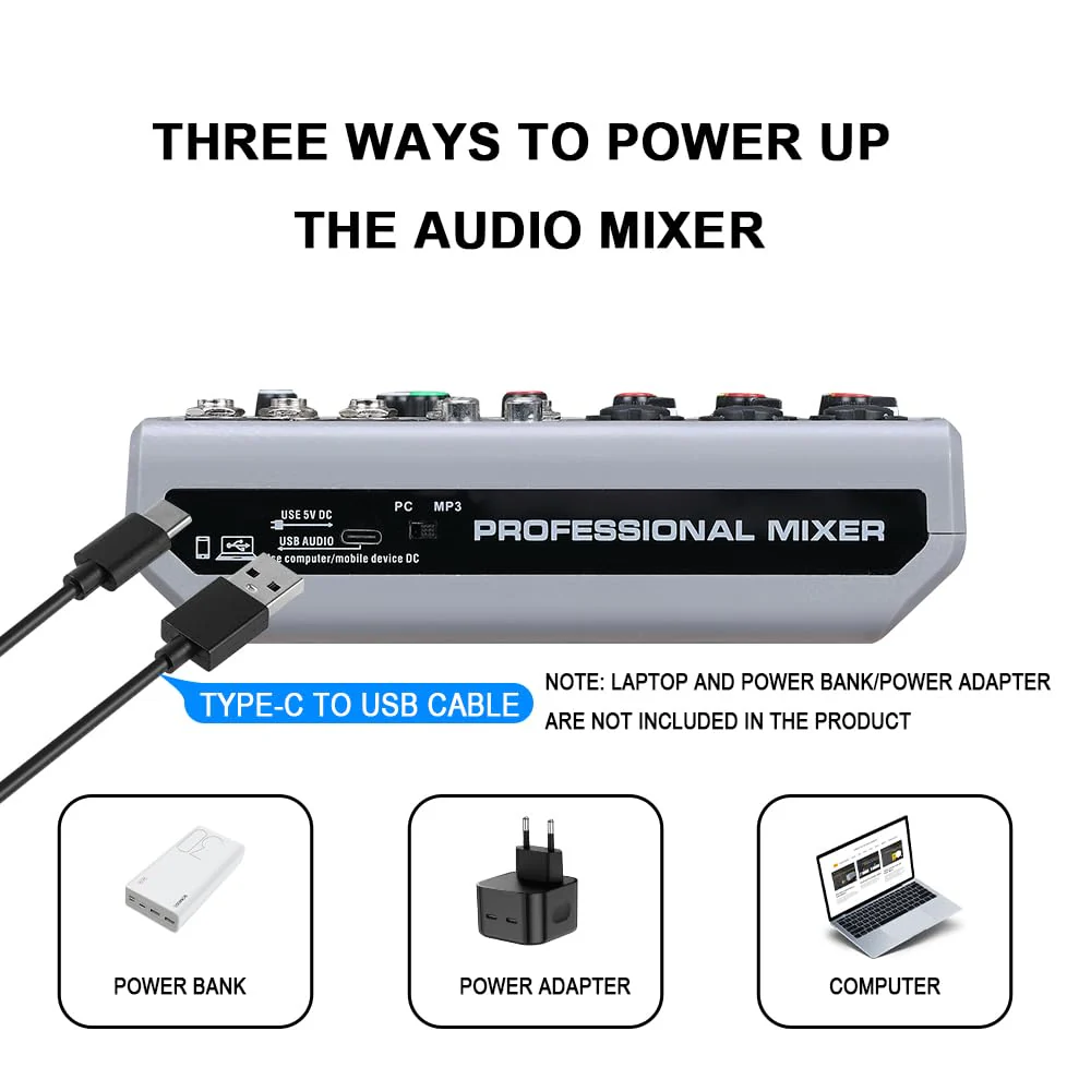 BOMGE Audio Mixer, Sound Board Mixing Console with 5 Channel Digital USB Bluetooth Echo Delay Effect, 48V Phantom Power Stereo DJ Mixers for Recording, Live Streaming, Podcasting (BM-05 5 canales) BM-05 5 canales - Image 9