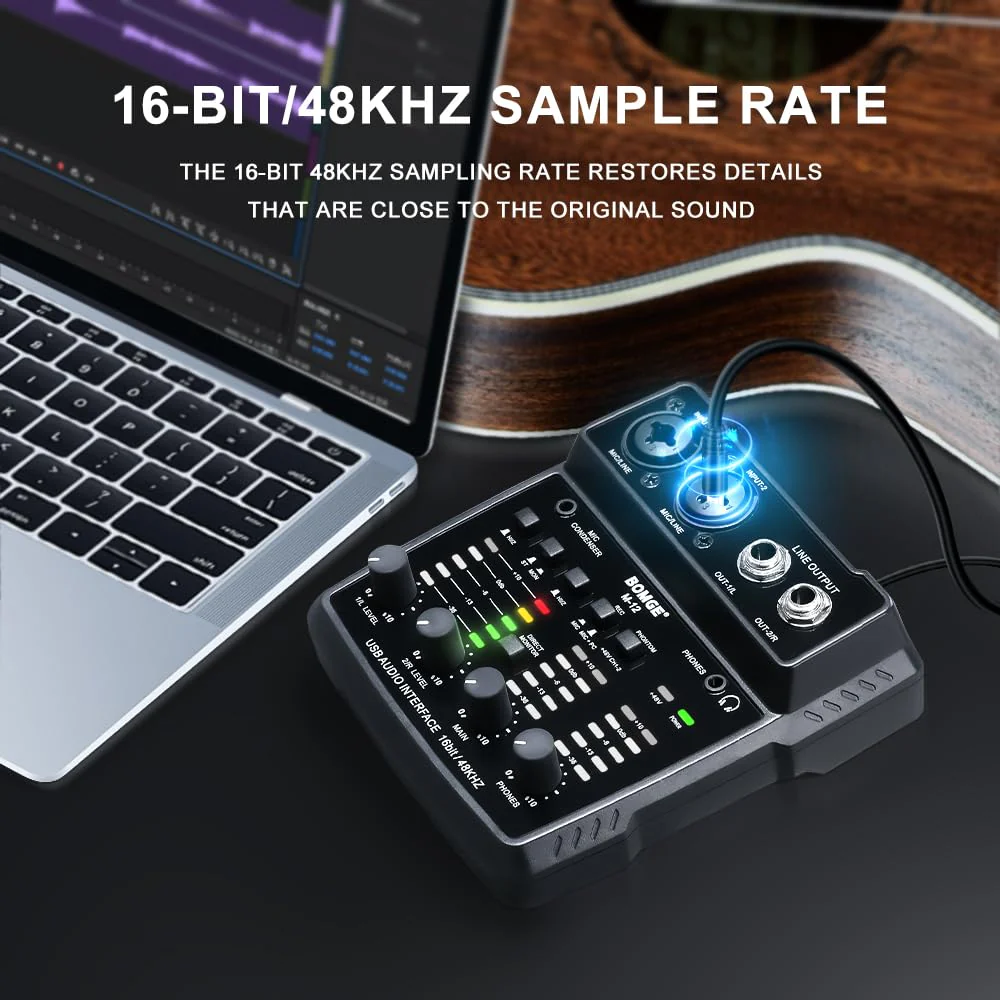 BOMGE M12 USB Audio Interface, 2-Channel Mixer, XLR/3.5mm Input, 48V Power Supply, Sound Card for PC Recording, Studio, Live Show, Karaoke, Plug&Play - Image 2