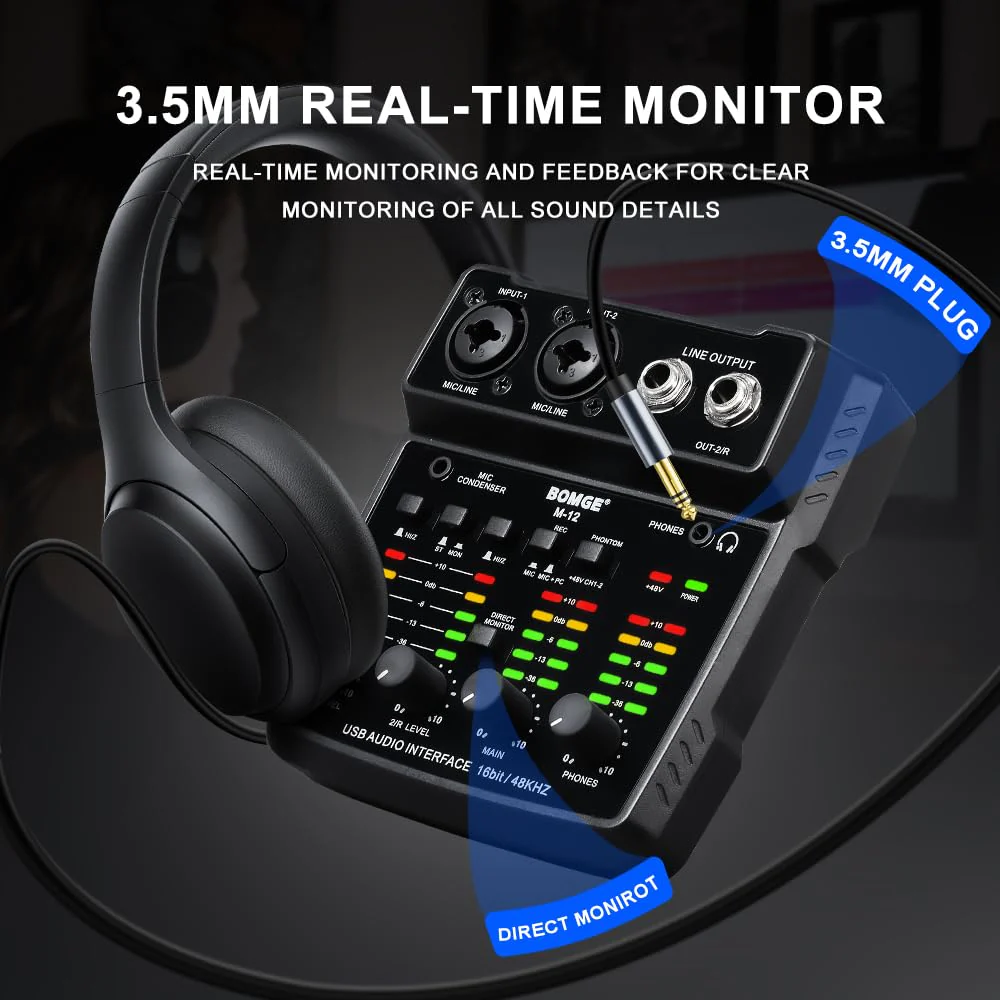 BOMGE M12 USB Audio Interface, 2-Channel Mixer, XLR/3.5mm Input, 48V Power Supply, Sound Card for PC Recording, Studio, Live Show, Karaoke, Plug&Play - Image 3