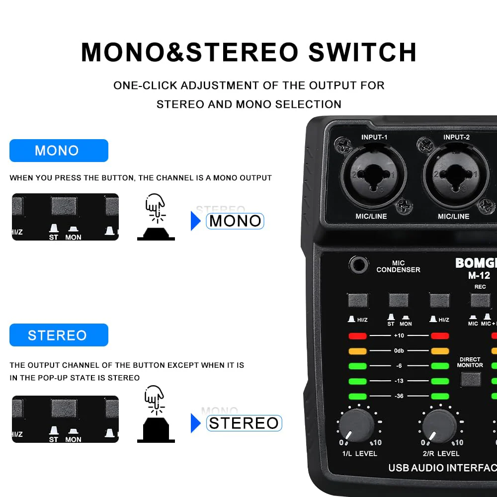 BOMGE M12 USB Audio Interface, 2-Channel Mixer, XLR/3.5mm Input, 48V Power Supply, Sound Card for PC Recording, Studio, Live Show, Karaoke, Plug&Play - Image 4