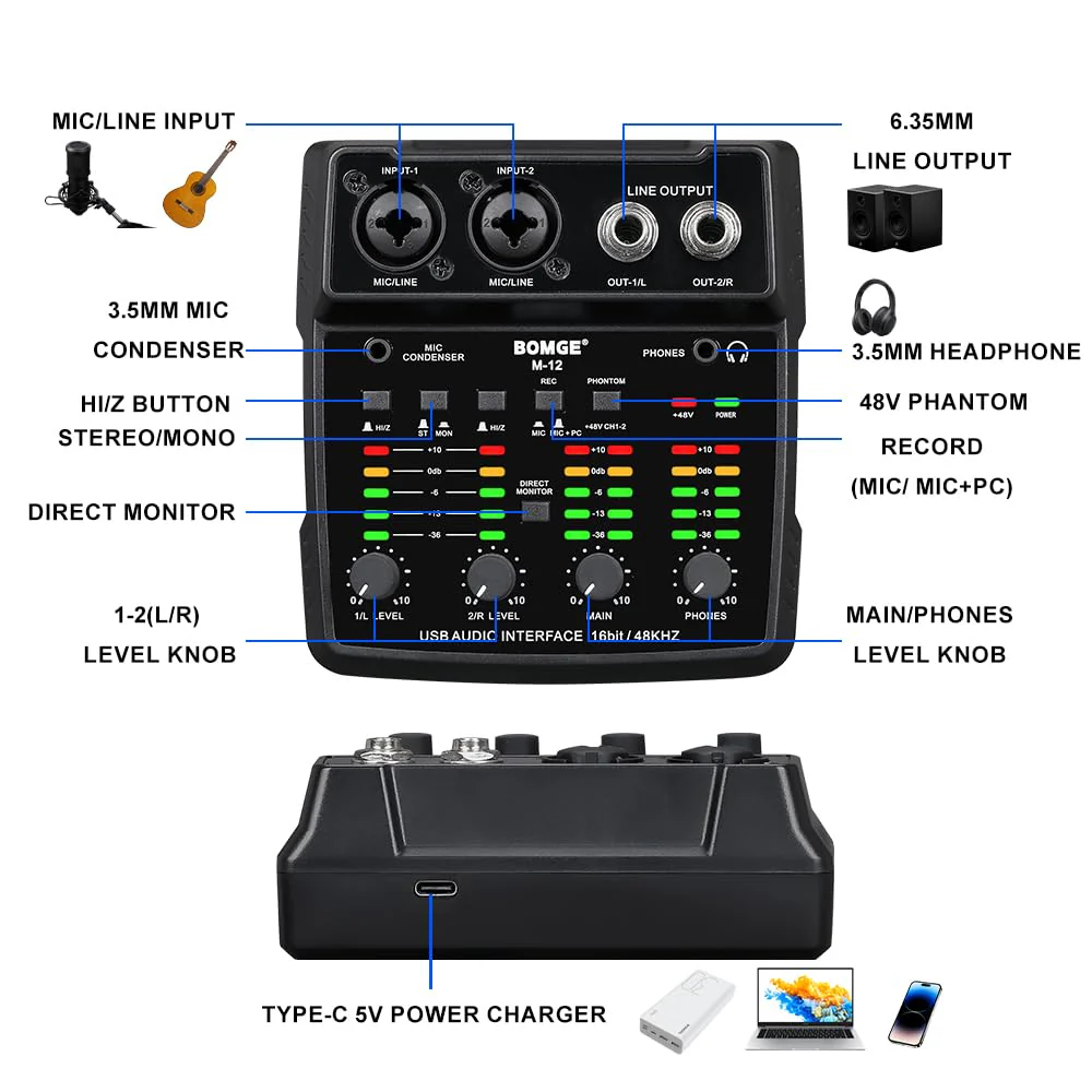 BOMGE M12 USB Audio Interface, 2-Channel Mixer, XLR/3.5mm Input, 48V Power Supply, Sound Card for PC Recording, Studio, Live Show, Karaoke, Plug&Play - Image 5