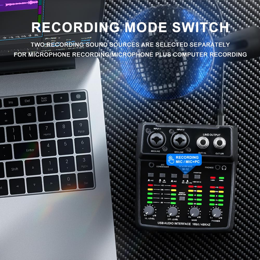 BOMGE M12 USB Audio Interface, 2-Channel Mixer, XLR/3.5mm Input, 48V Power Supply, Sound Card for PC Recording, Studio, Live Show, Karaoke, Plug&Play - Image 6