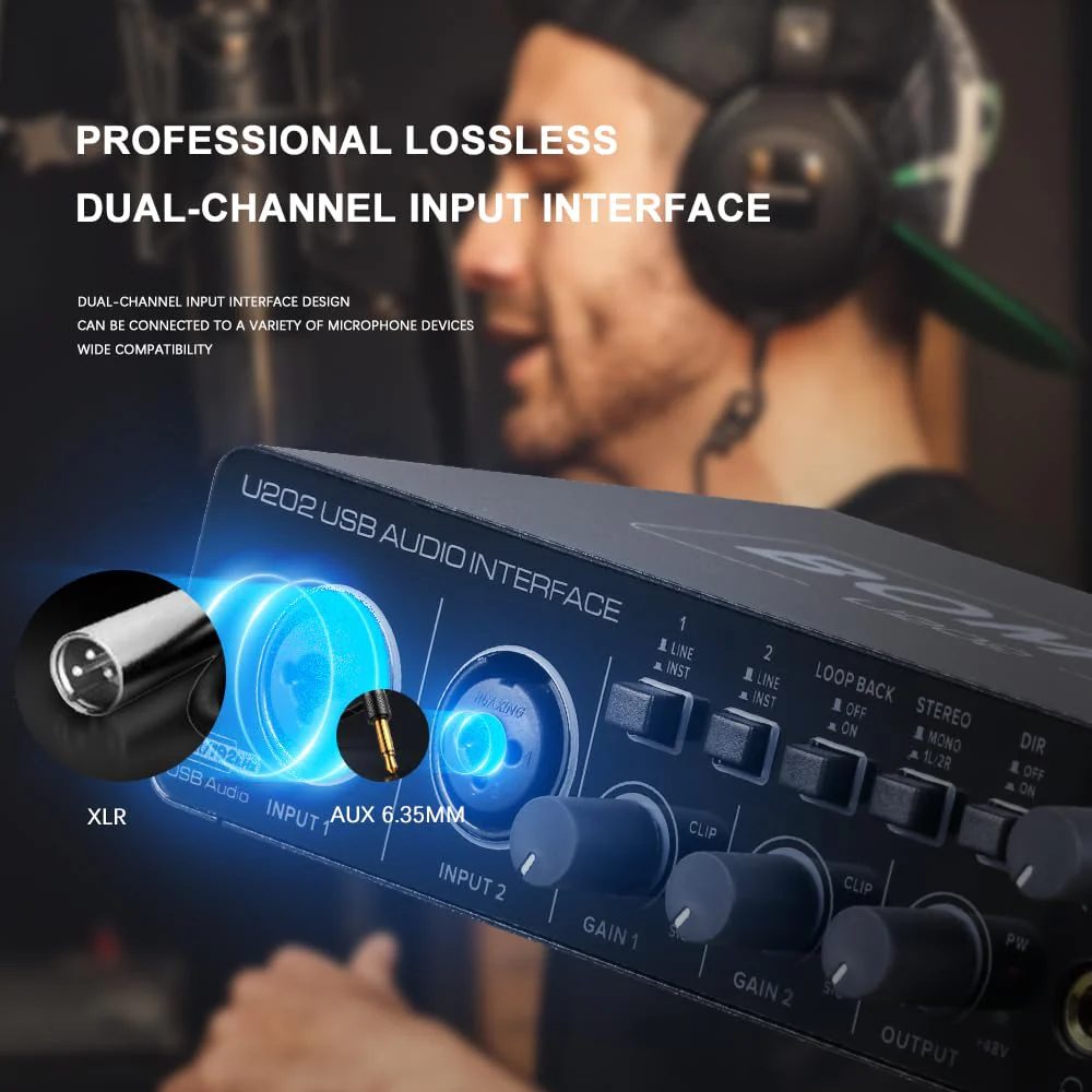 BOMGE U202 USB Audio Interface with Mic Preamplifier XLR/TSR/TS Ports,48V,32-Bit/192kHz Resolution fro computer recording,Streaming,Podcasting - Image 6