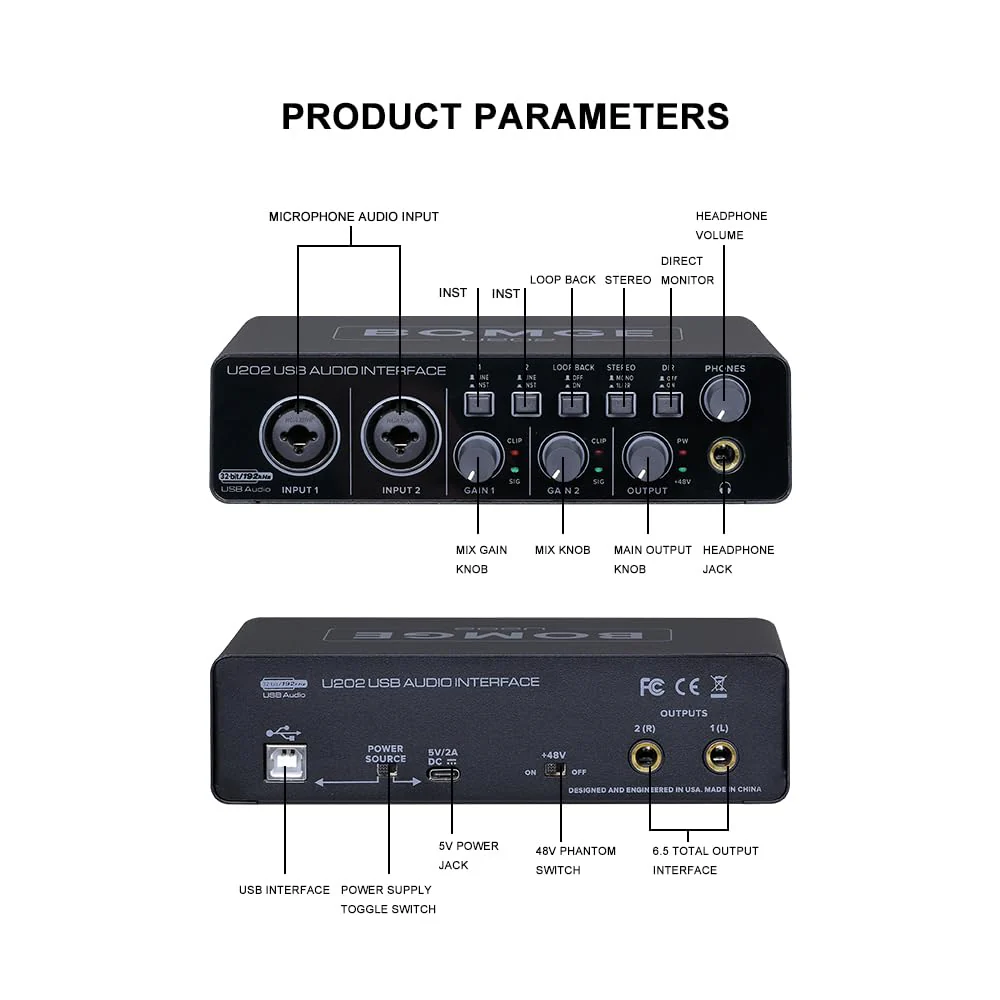 BOMGE U202 USB Audio Interface with Mic Preamplifier XLR/TSR/TS Ports,48V,32-Bit/192kHz Resolution fro computer recording,Streaming,Podcasting - Image 7