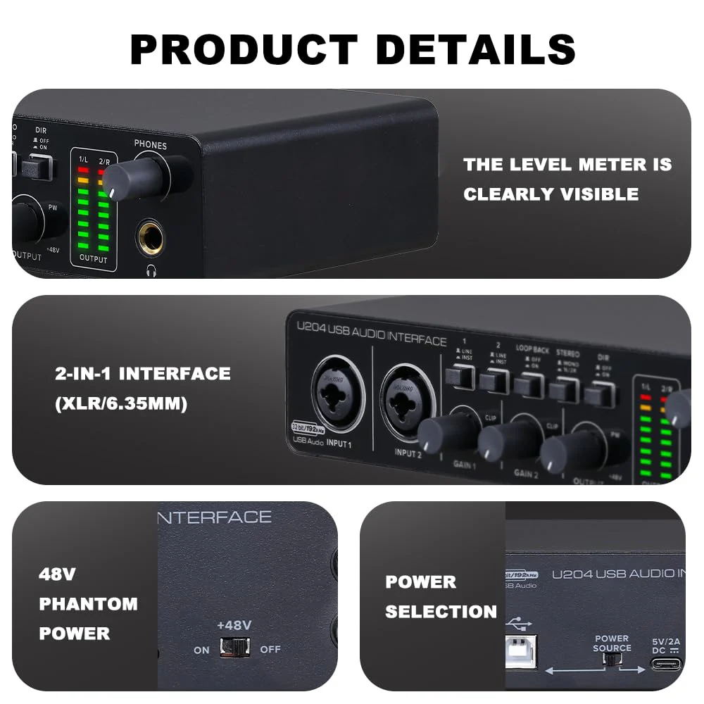 BOMGE U204 USB Audio Interface for PC Computer Recording Music, 2x2 Guitar Audio Interface for Mac 32Bit/192kHz Podcasting Streaming for Vocalist Producer with 48V Phantom - Image 2
