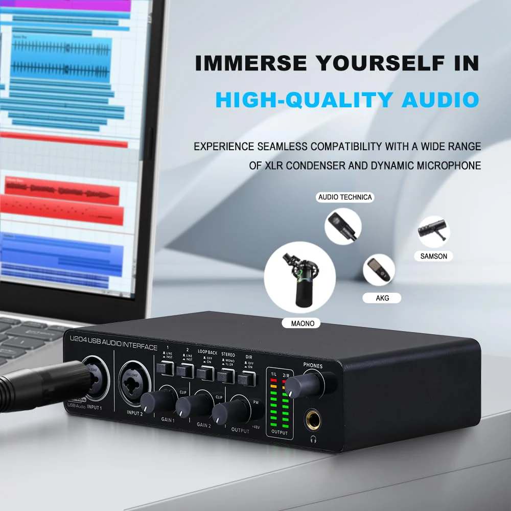 BOMGE U204 USB Audio Interface for PC Computer Recording Music, 2x2 Guitar Audio Interface for Mac 32Bit/192kHz Podcasting Streaming for Vocalist Producer with 48V Phantom - Image 3