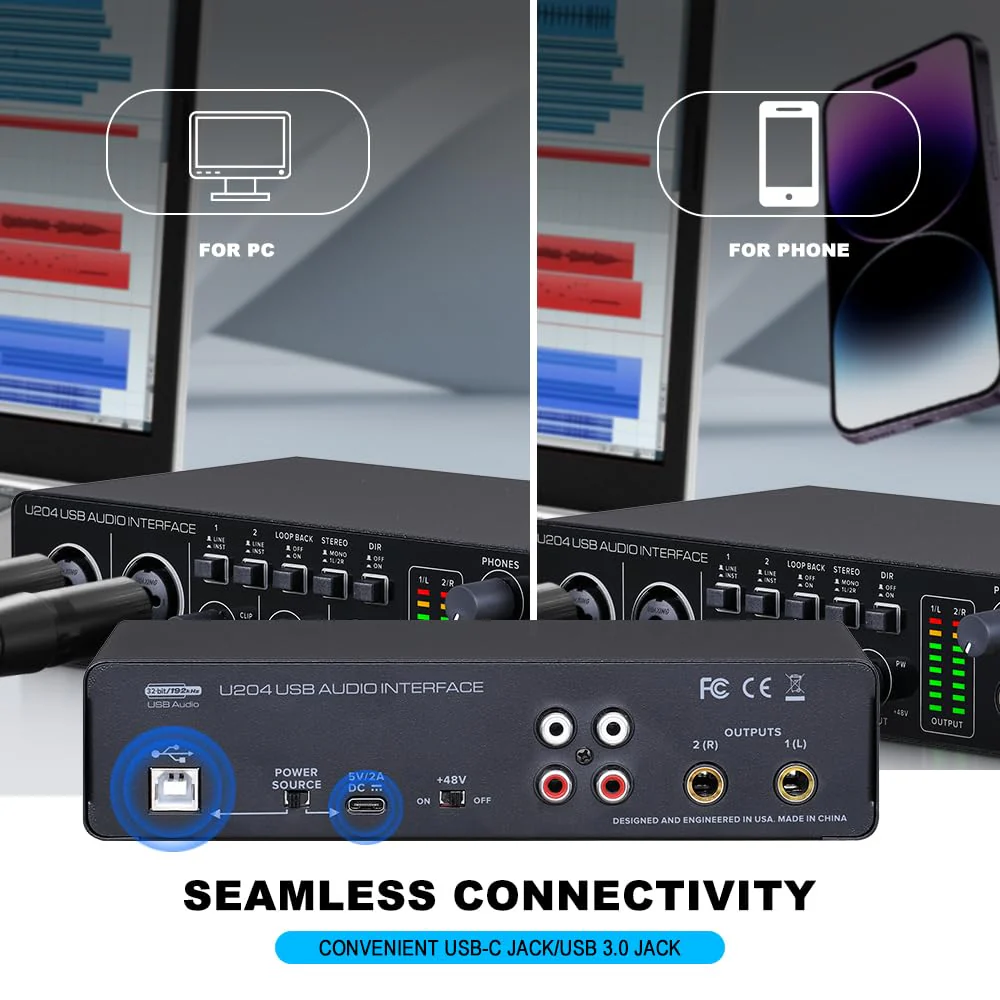 BOMGE U204 USB Audio Interface for PC Computer Recording Music, 2x2 Guitar Audio Interface for Mac 32Bit/192kHz Podcasting Streaming for Vocalist Producer with 48V Phantom - Image 4