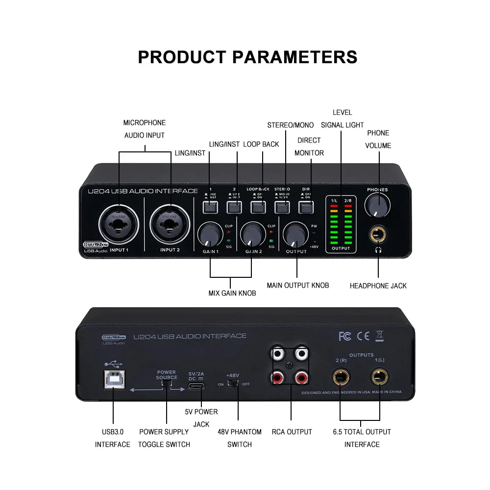 BOMGE U204 USB Audio Interface for PC Computer Recording Music, 2x2 Guitar Audio Interface for Mac 32Bit/192kHz Podcasting Streaming for Vocalist Producer with 48V Phantom - Image 6