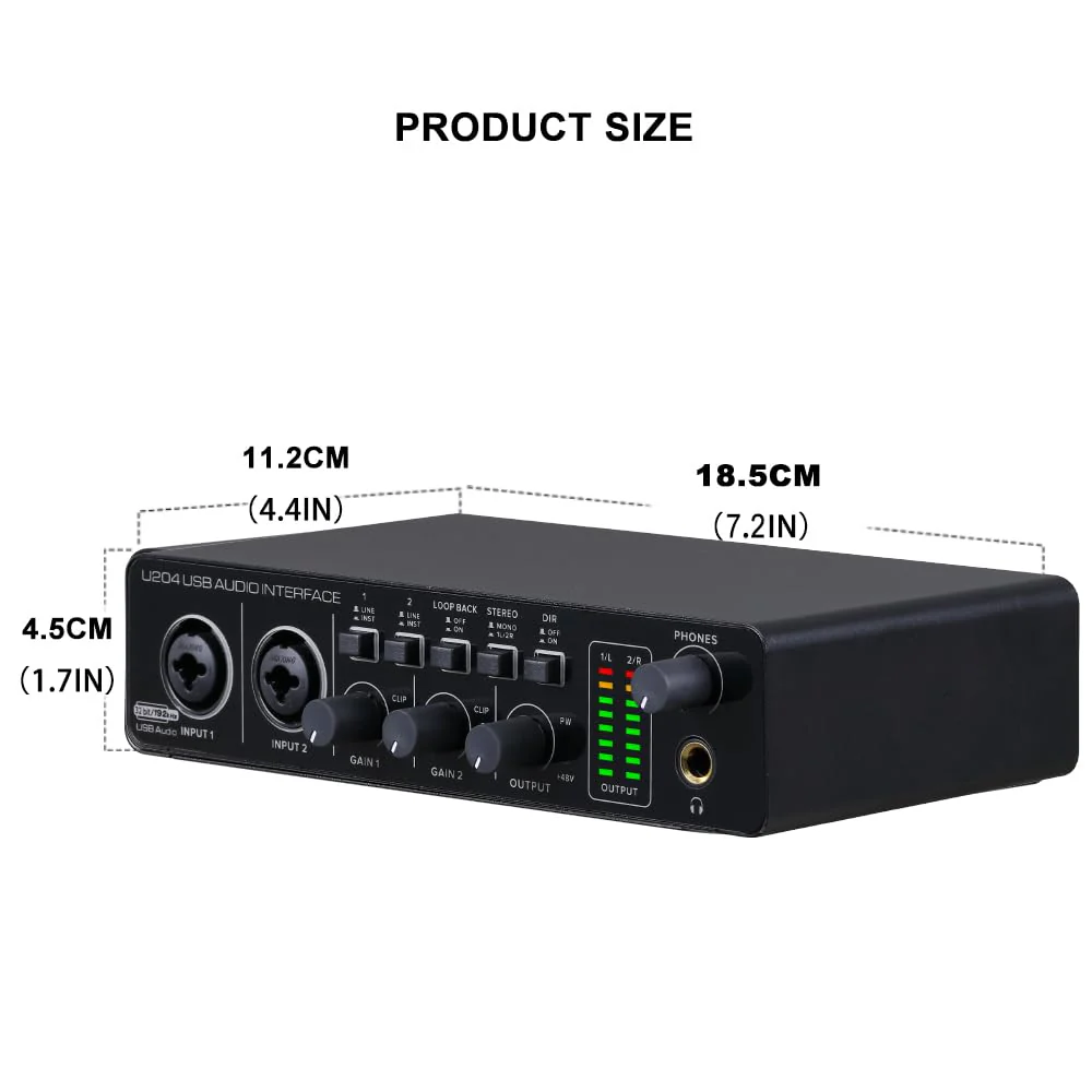 BOMGE U204 USB Audio Interface for PC Computer Recording Music, 2x2 Guitar Audio Interface for Mac 32Bit/192kHz Podcasting Streaming for Vocalist Producer with 48V Phantom - Image 7