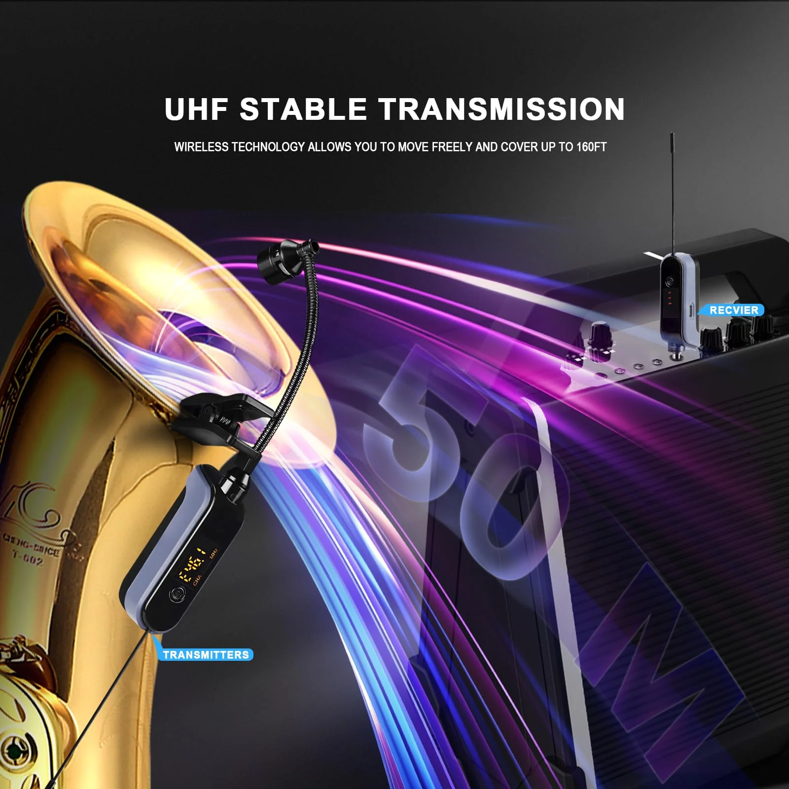 BOMGE UHF Wireless Instruments Microphone,Saxophone Microphone,Wireless Receiver and Transmitter,160ft Range,Plug and Play,Great for Trumpets, Clarinet, Cello, Active PA Systems (WTU-08A) WTU-08A - Image 4