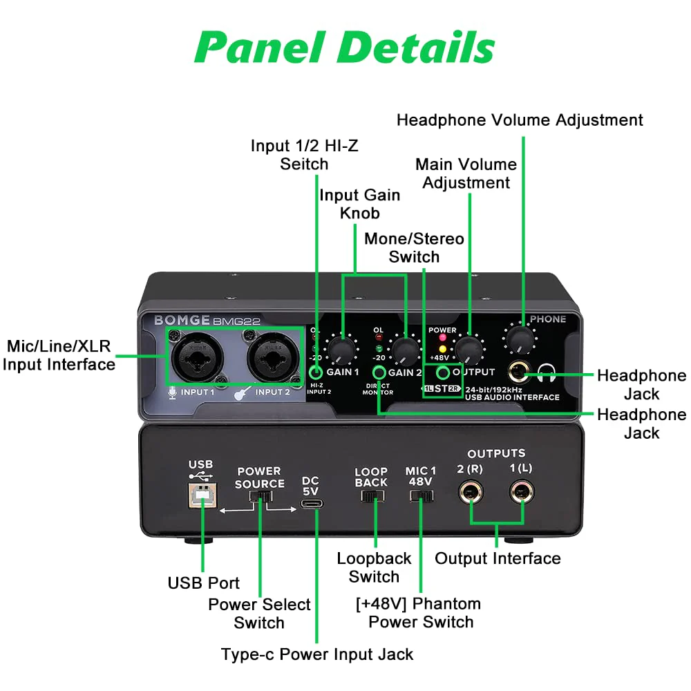 BOMGE USB Audio Interface(32bit/192 kHz) with XLR,phantom power,Direct Monitoring,Loopback for PC Recording,Streaming,Guitarist,Vocalist and Podcasting - Image 6