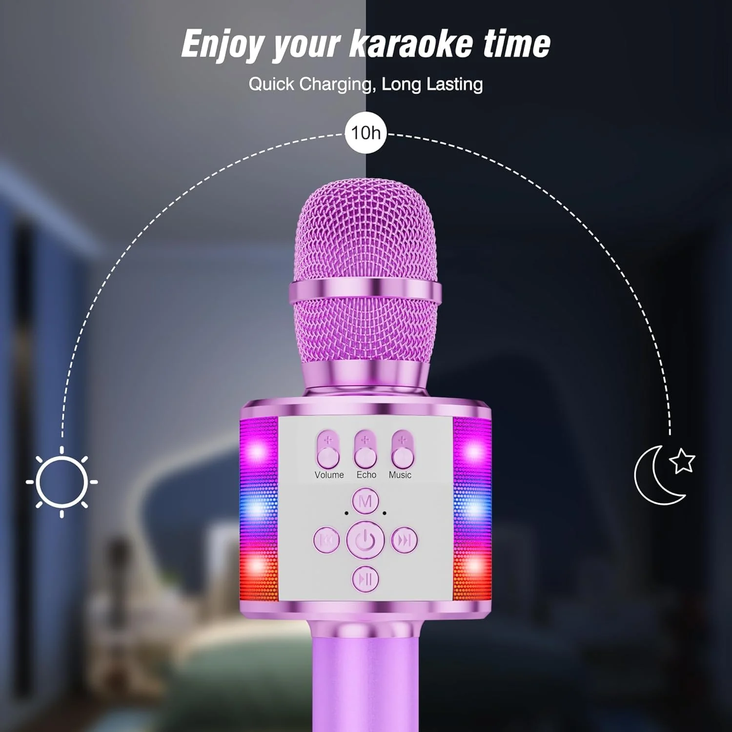 BONAOK Karaoke Microphone for Kids & Adults - Bluetooth Microphones Singing Mic with Disco Lights, Echo Effect, Built-in Speaker Portable Karaoke Player for Party Travel Gifts Q78(Light Purple) Light Purple - Image 3