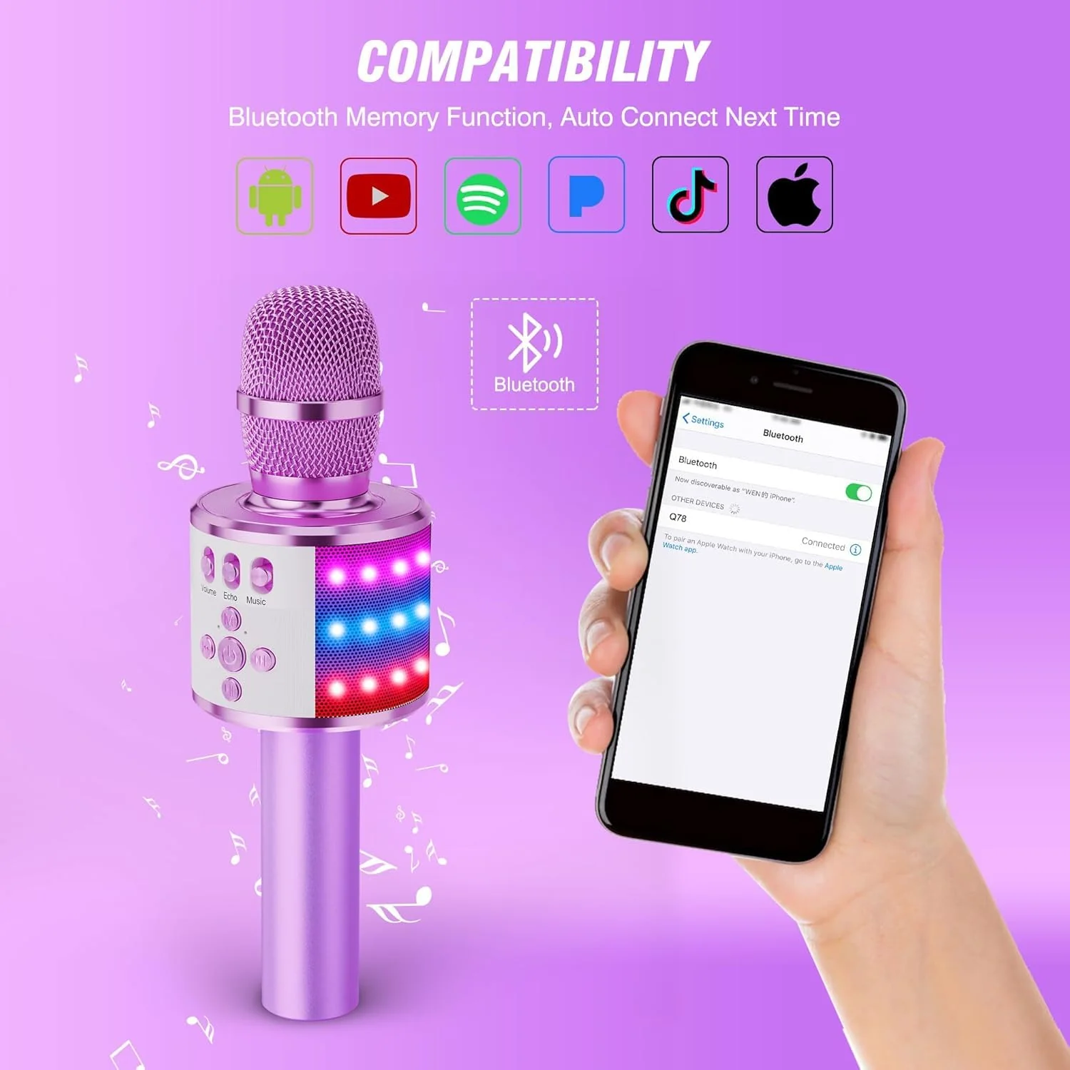 BONAOK Karaoke Microphone for Kids & Adults - Bluetooth Microphones Singing Mic with Disco Lights, Echo Effect, Built-in Speaker Portable Karaoke Player for Party Travel Gifts Q78(Light Purple) Light Purple - Image 4