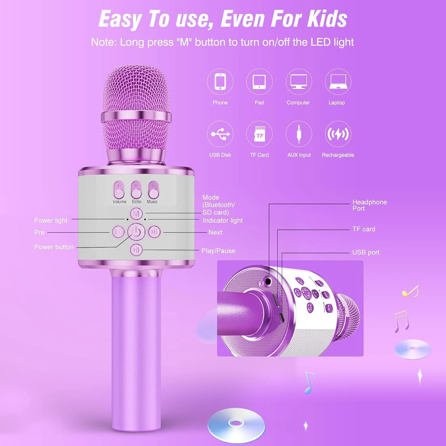 BONAOK Karaoke Microphone for Kids & Adults - Bluetooth Microphones Singing Mic with Disco Lights, Echo Effect, Built-in Speaker Portable Karaoke Player for Party Travel Gifts Q78(Light Purple) Light Purple - Image 6