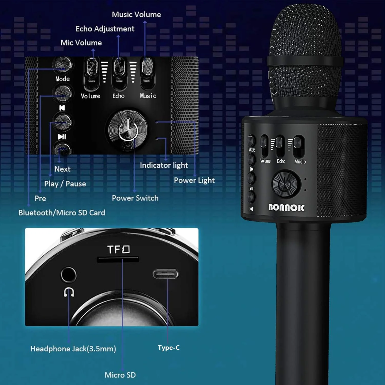 BONAOK Wireless Bluetooth Karaoke Microphone,3-in-1 Portable Handheld Karaoke Mic Speaker Machine Home Party Birthday for All Smartphones Q37 (Black) Black - Image 4