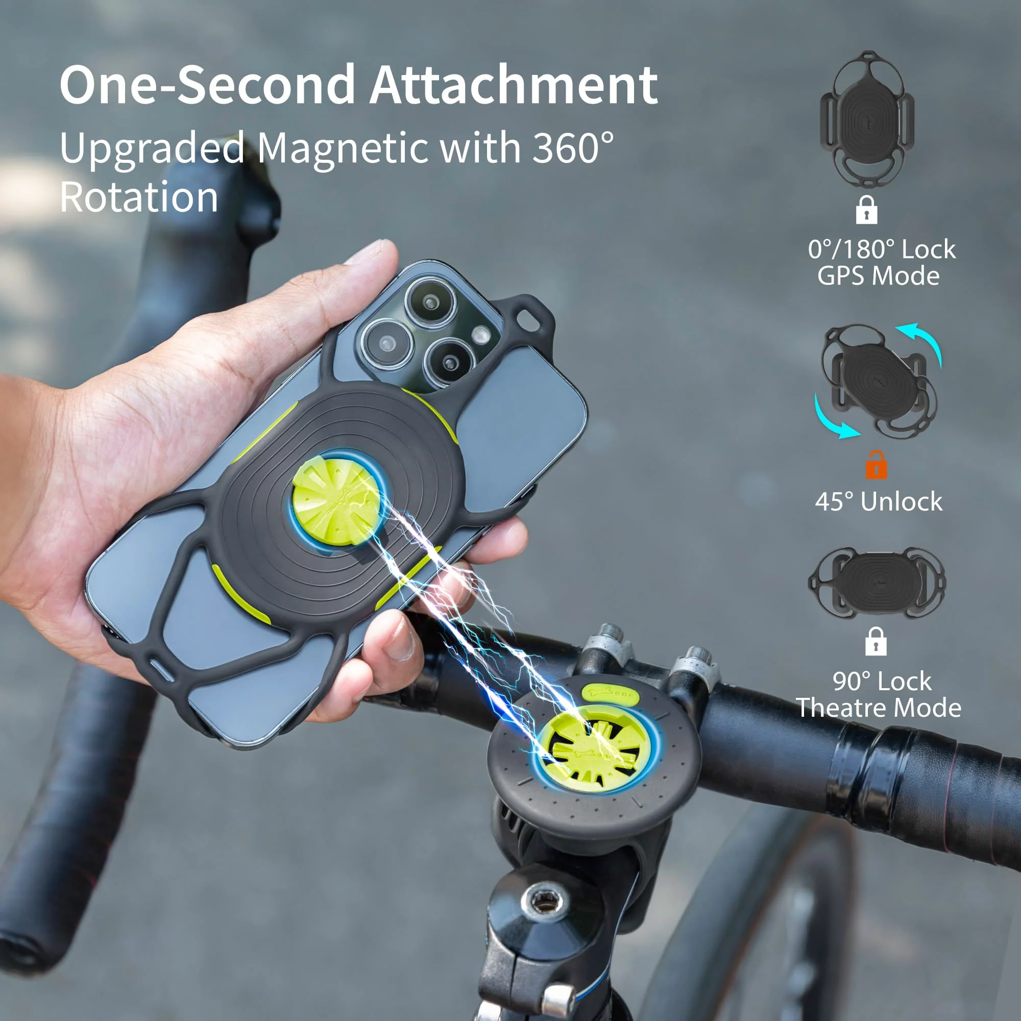 Bone Bike Tie Connect Kit 2 Magnetic, Quick Release 360° Rotation Universal Road Bike Phone Mount for Stem & Handlebar, Fits 4.7"-7.2" Phones iPhone 15 Pro Max/Plus, 14 Pro Max, Samsung S24, and More - Image 4