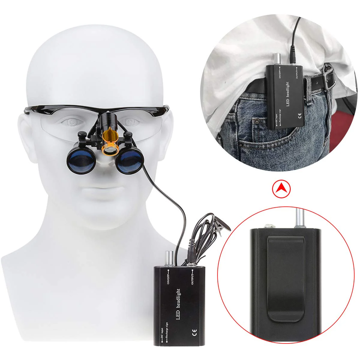 BONEW 3.5 x Surgical Binocular Magnifiers Optical Glass + 5 W LED Headlight Powerful Light with Clip-On Type + Fabric Bag DY-008 (Black) black - Image 2