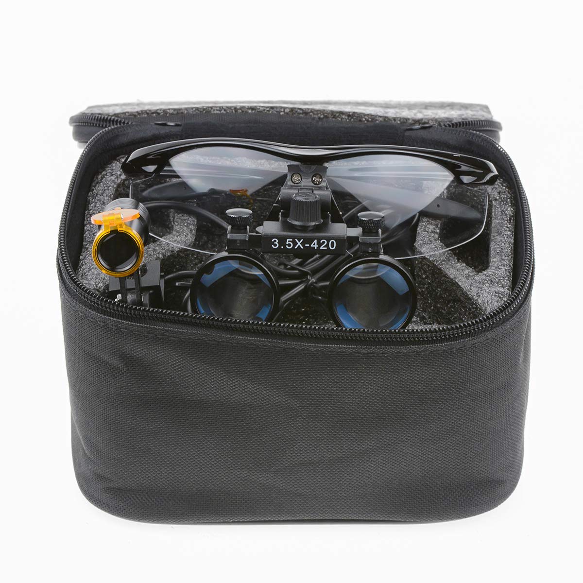 BONEW 3.5 x Surgical Binocular Magnifiers Optical Glass + 5 W LED Headlight Powerful Light with Clip-On Type + Fabric Bag DY-008 (Black) black - Image 4