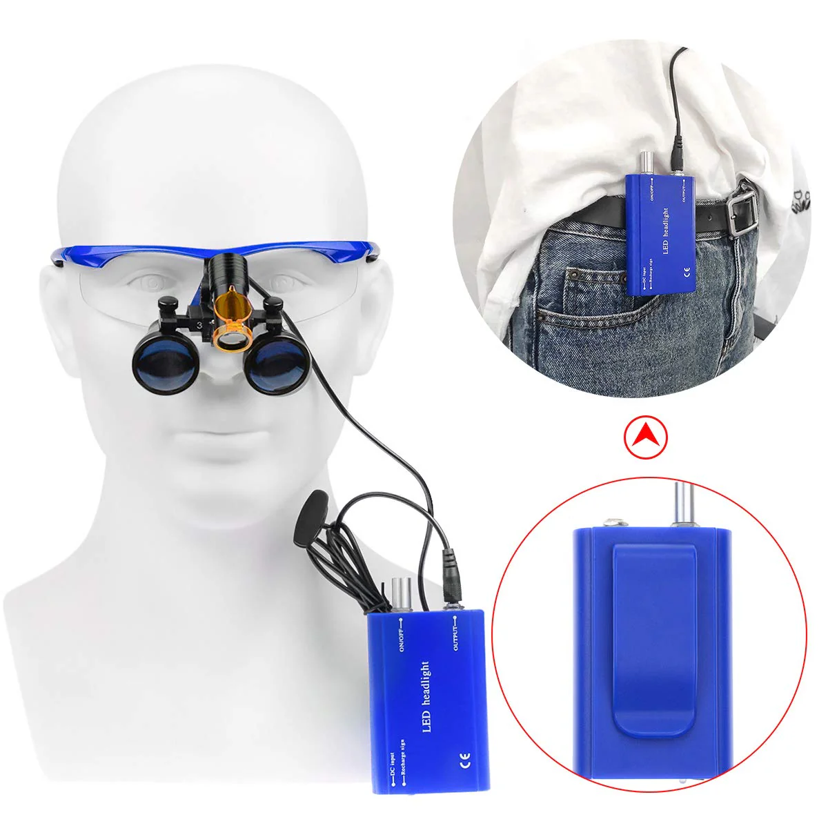 BONEW 3.5X Surgical Binoculars Optical Glass Magnifier + 5W LED Headlight Powerful Light with Clip Type + Cloth Pouch DY-008 (Blue) Blue - Image 2