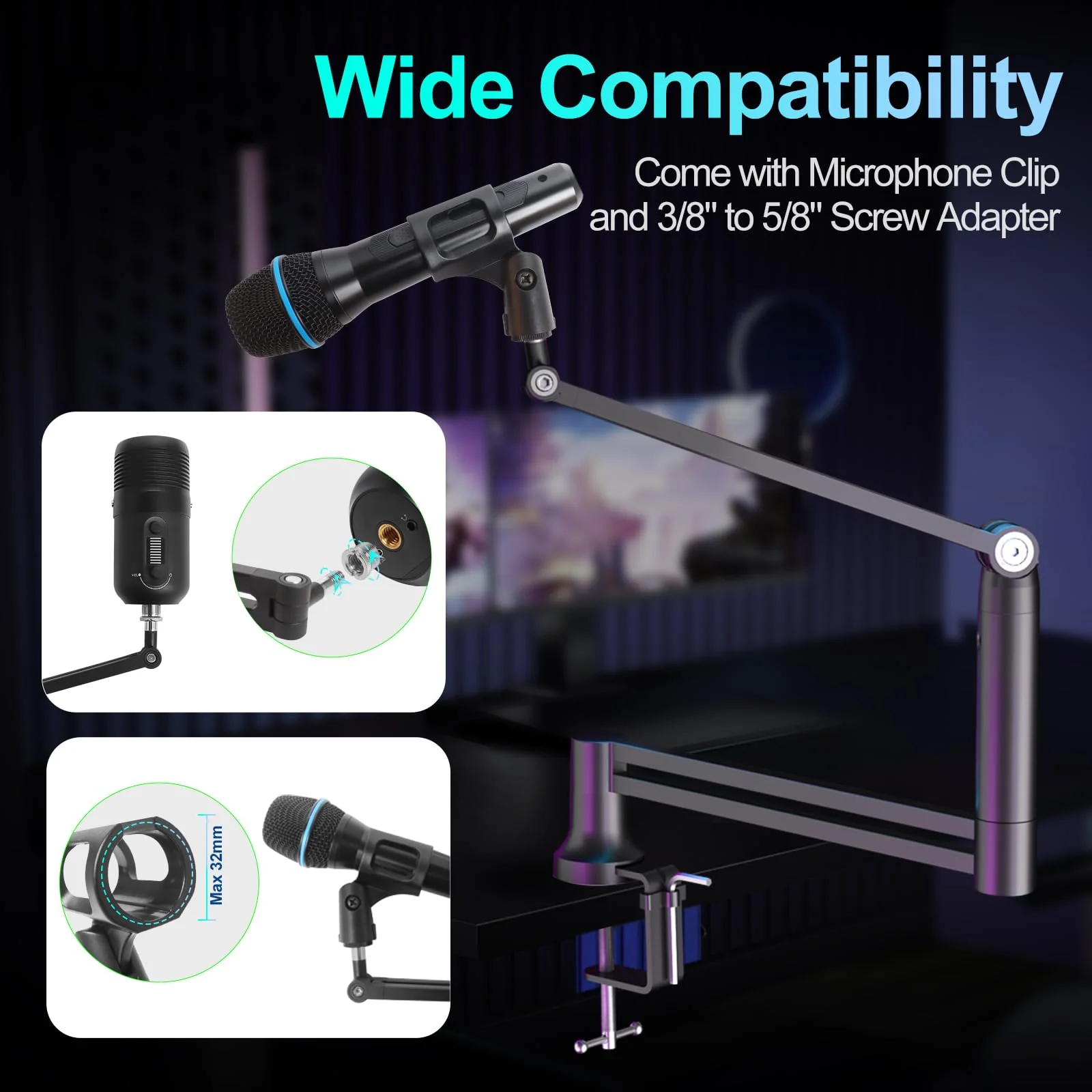 Boom Arm, Low Profile Microphone Stand for Blue Yeti, Mic Arm Microphone Arm with 3/8" to 5/8" Adapter Holds Up to 3.3lbs - Image 6