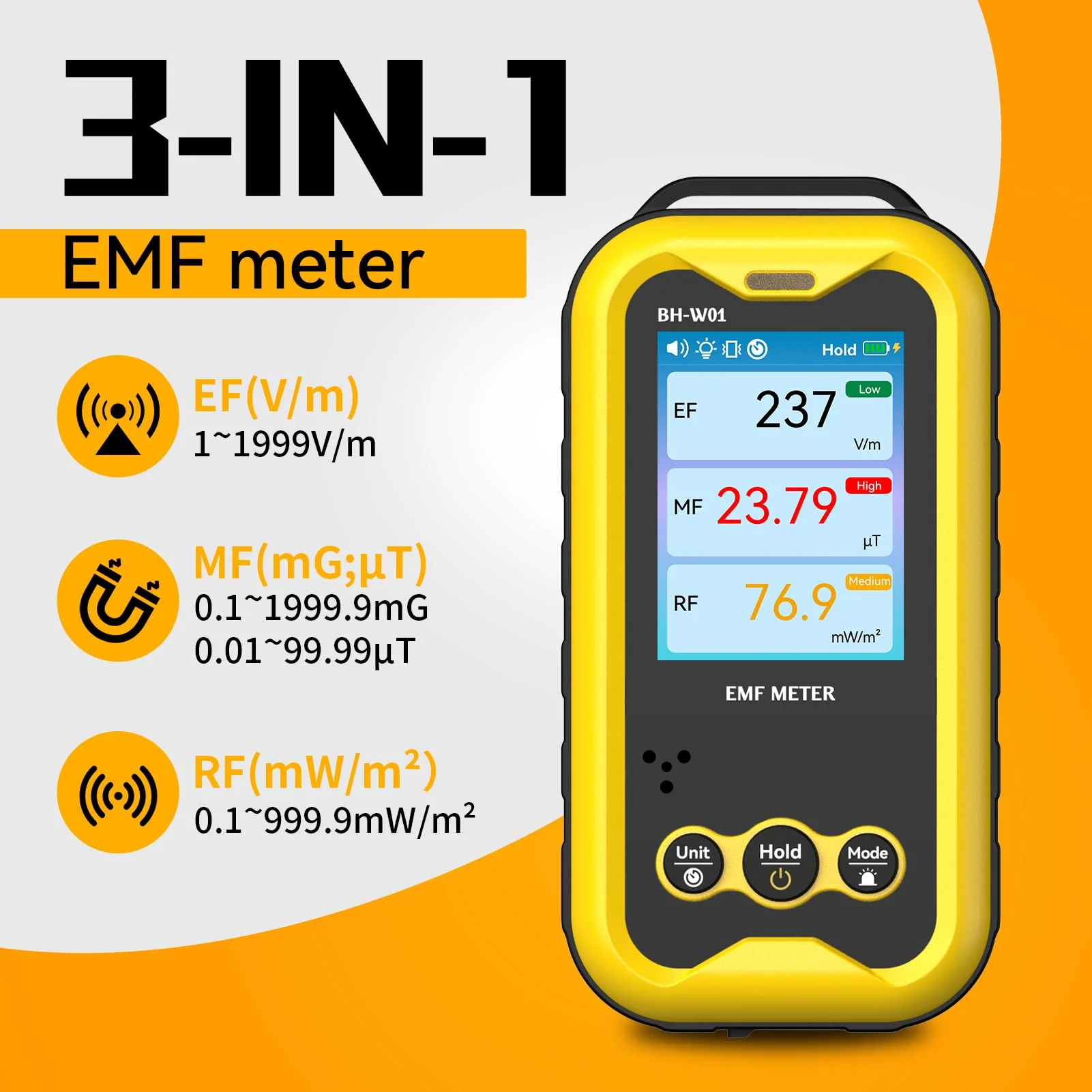 Bosean EMF Meter, 3-in-1 Portable Electromagnetic Field Radiation Detector, Electric Field, Radio Frequency Field, Magnetic Field, Rechargeable EMF Reader for Home, Office, and Ghost Hunting - Image 2