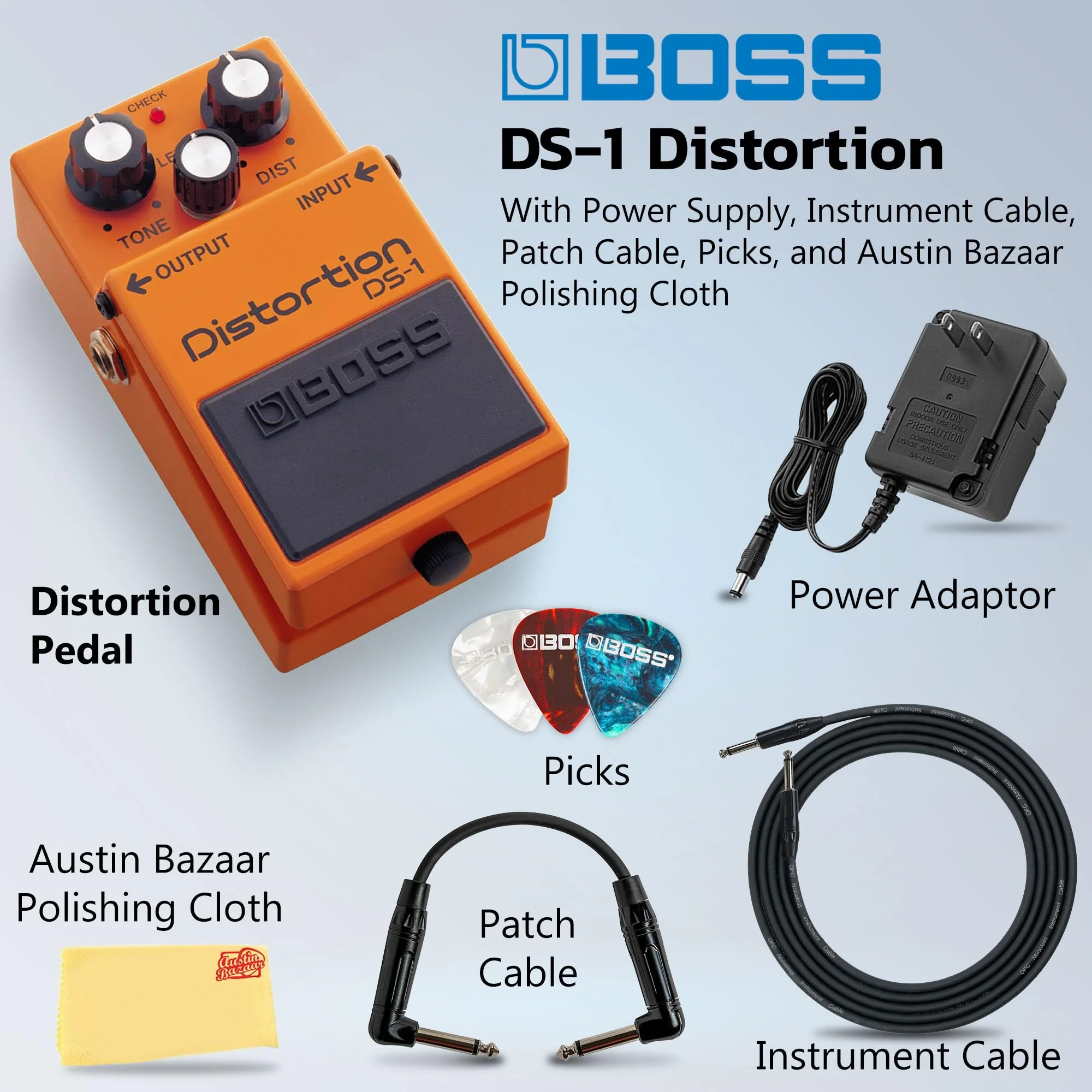 Boss DS-1 Distortion Bundle with Gearlux Power Supply, Instrument Cable, Patch Cable, Picks, and Austin Bazaar Polishing Cloth DS - 1 Bundle w/ Power Supply - Image 2