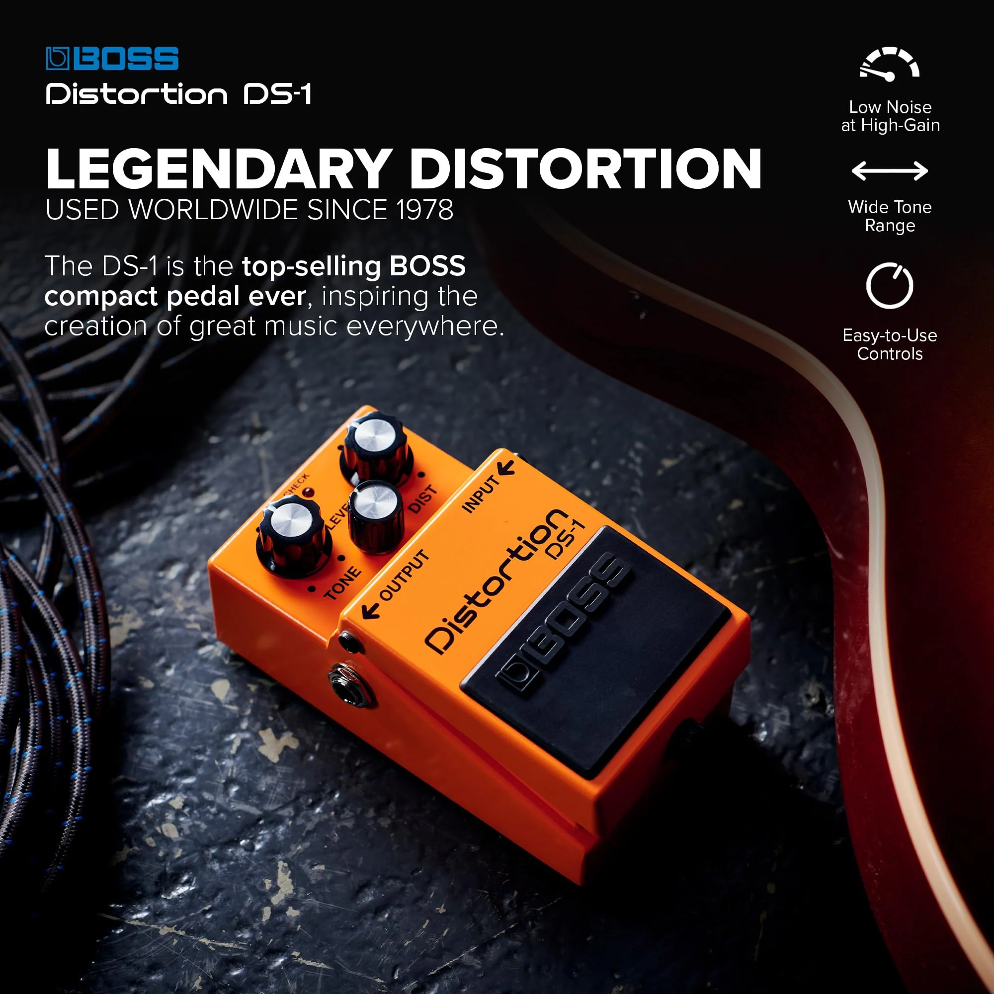 BOSS DS-1 Distortion | Compact Distortion Pedal | The Benchmark in Guitar Distortion | Hard-edged Attack & Smooth Sustain | Wide Tone Range Single Mode Standard - Image 2