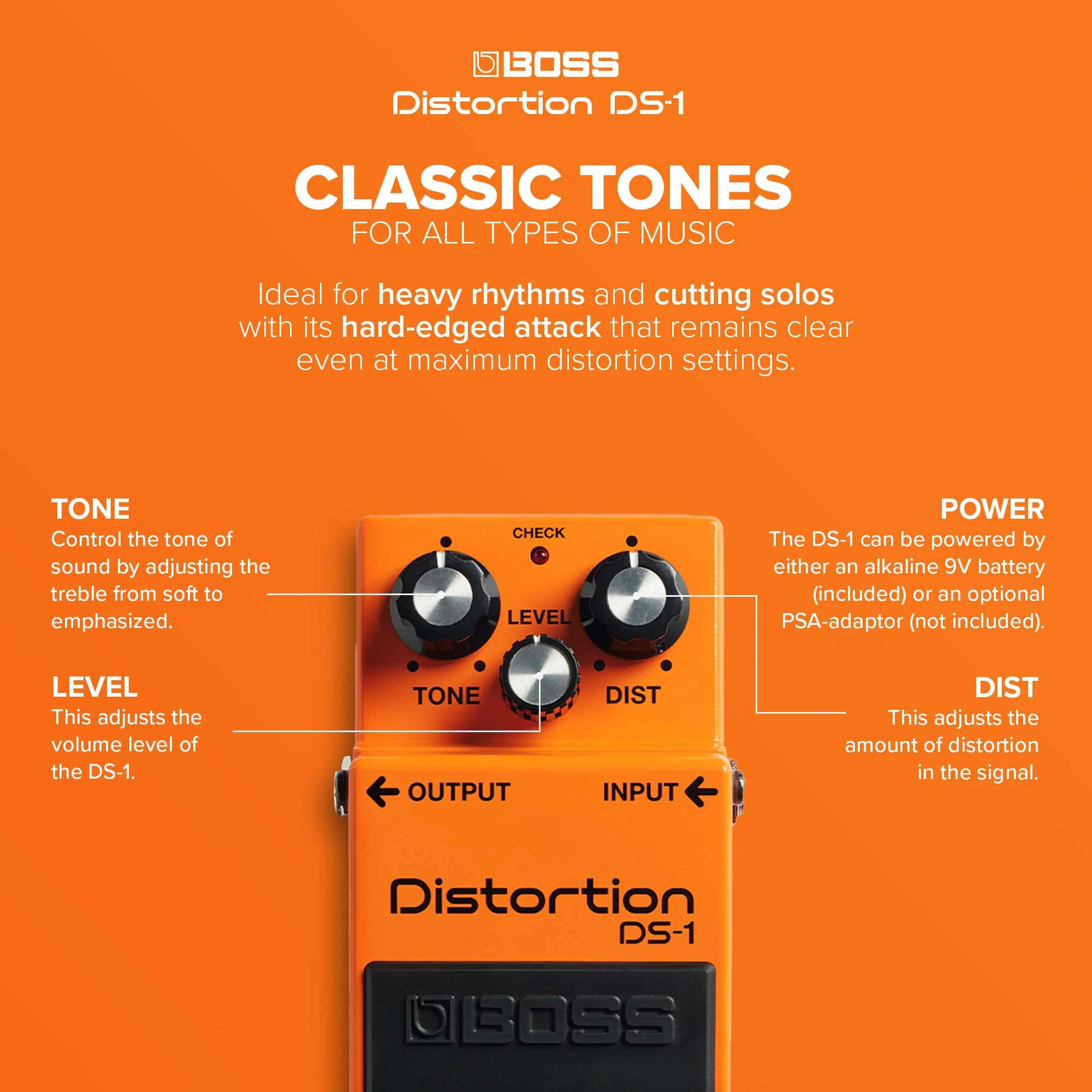 BOSS DS-1 Distortion | Compact Distortion Pedal | The Benchmark in Guitar Distortion | Hard-edged Attack & Smooth Sustain | Wide Tone Range Single Mode Standard - Image 4