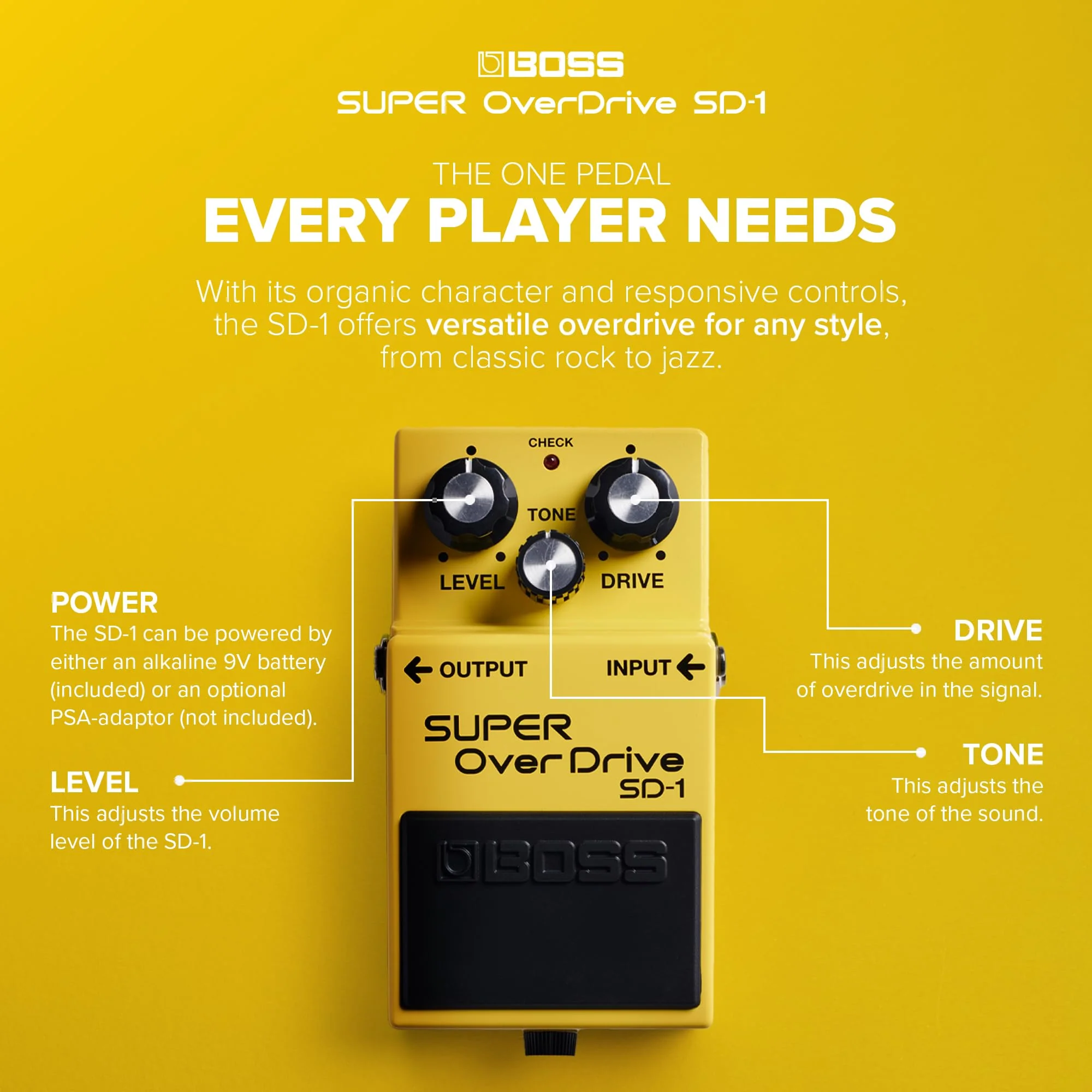BOSS SD-1 SUPER Overdrive | Compact Overdrive Pedal | Genre-Defining Sound & Feel | Unique Clipping Circuitry Produces Tube-Like Characteristics | Dynamic Tone Options | Easy-To-Use Controls Standard - Image 6