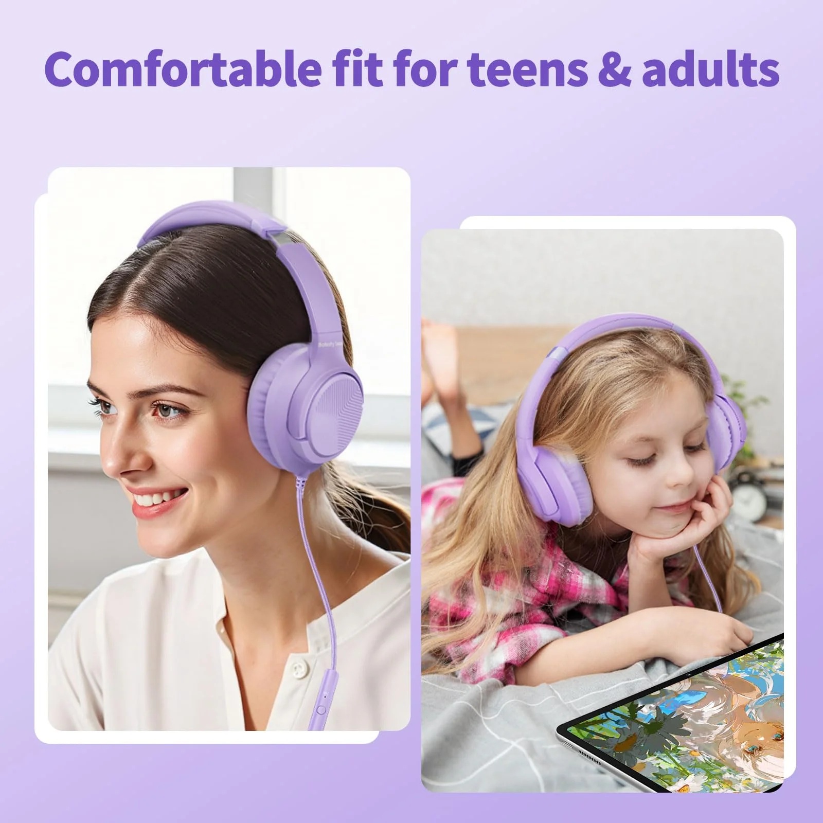 Botesty Sound Headphones Wired with Microphone, Over Ear Foldable 3.5mm Plug in Headphones with 4.9ft Tangle-Free Nylon Cord for Tablet, Laptop, MP3/4, School, Airplane Travel (Purple) Purple - Image 2