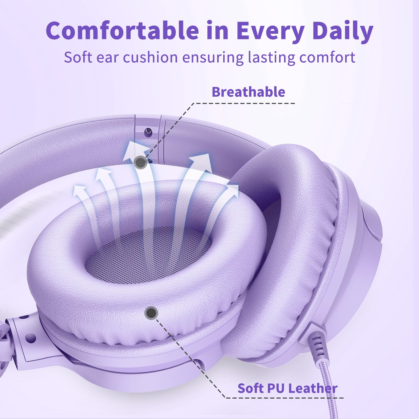 Botesty Sound Headphones Wired with Microphone, Over Ear Foldable 3.5mm Plug in Headphones with 4.9ft Tangle-Free Nylon Cord for Tablet, Laptop, MP3/4, School, Airplane Travel (Purple) Purple - Image 4