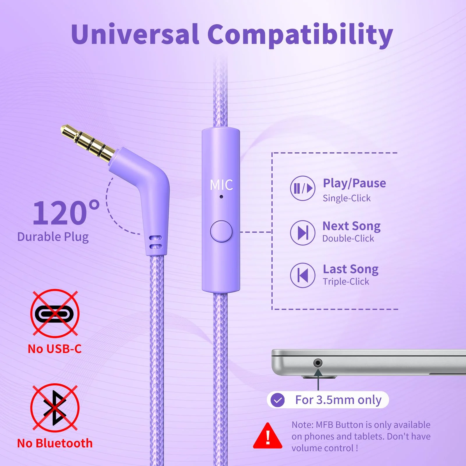 Botesty Sound Headphones Wired with Microphone, Over Ear Foldable 3.5mm Plug in Headphones with 4.9ft Tangle-Free Nylon Cord for Tablet, Laptop, MP3/4, School, Airplane Travel (Purple) Purple - Image 5